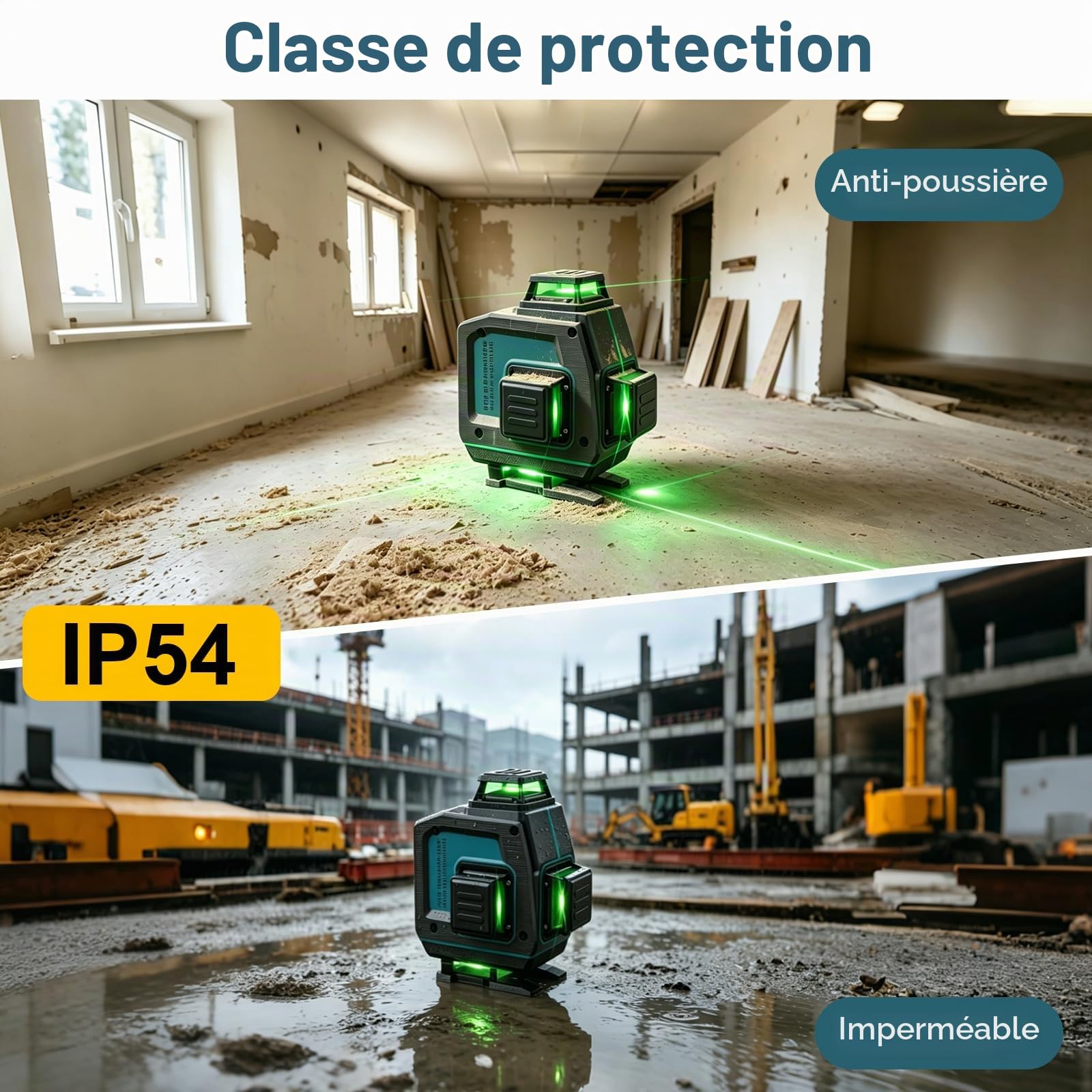 QUPERR Niveau Laser Vert 4D Autonivelant 16 Lignes 4x360° | Laser de chantier pour carrelage, tableaux et travaux intérieurs; faisceau vert, sans trépied