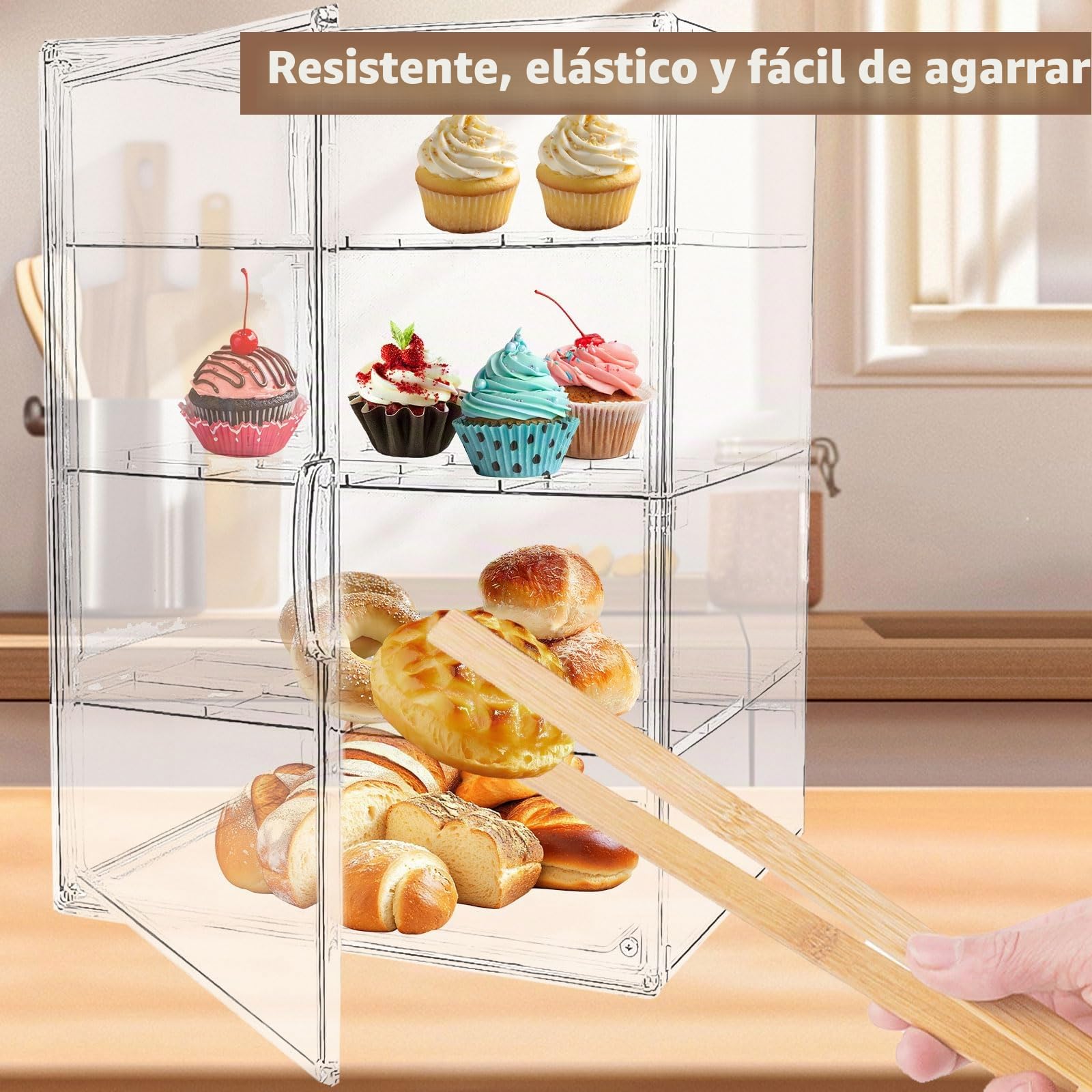 Paneras para Guardar el Pan Transparente, Bread Box de 4 Niveles Ajustables, con Puerta Magnética, Material Pet, con Pinzas de Bambú, para Guardar Donuts, Pan y Pasteles