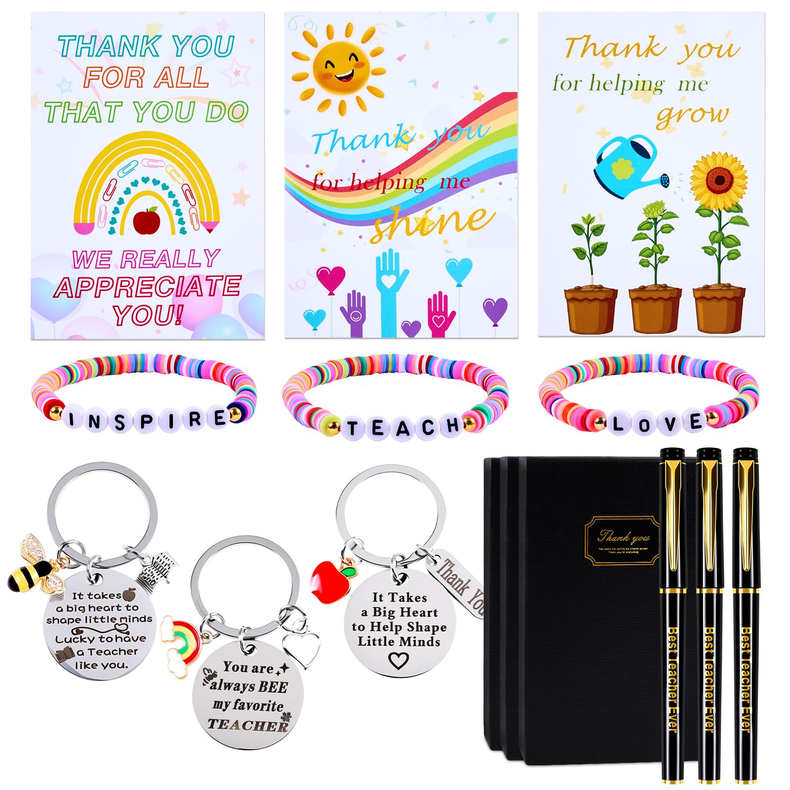 COSBERY Thank You Teacher Gifts, 3 Set Teacher Gifts for Women Men with Gift Box, Includes 3Pcs Keyrings, Pen, Cards, Bracelets, Personalised Thank You Teacher Leaving Gifts