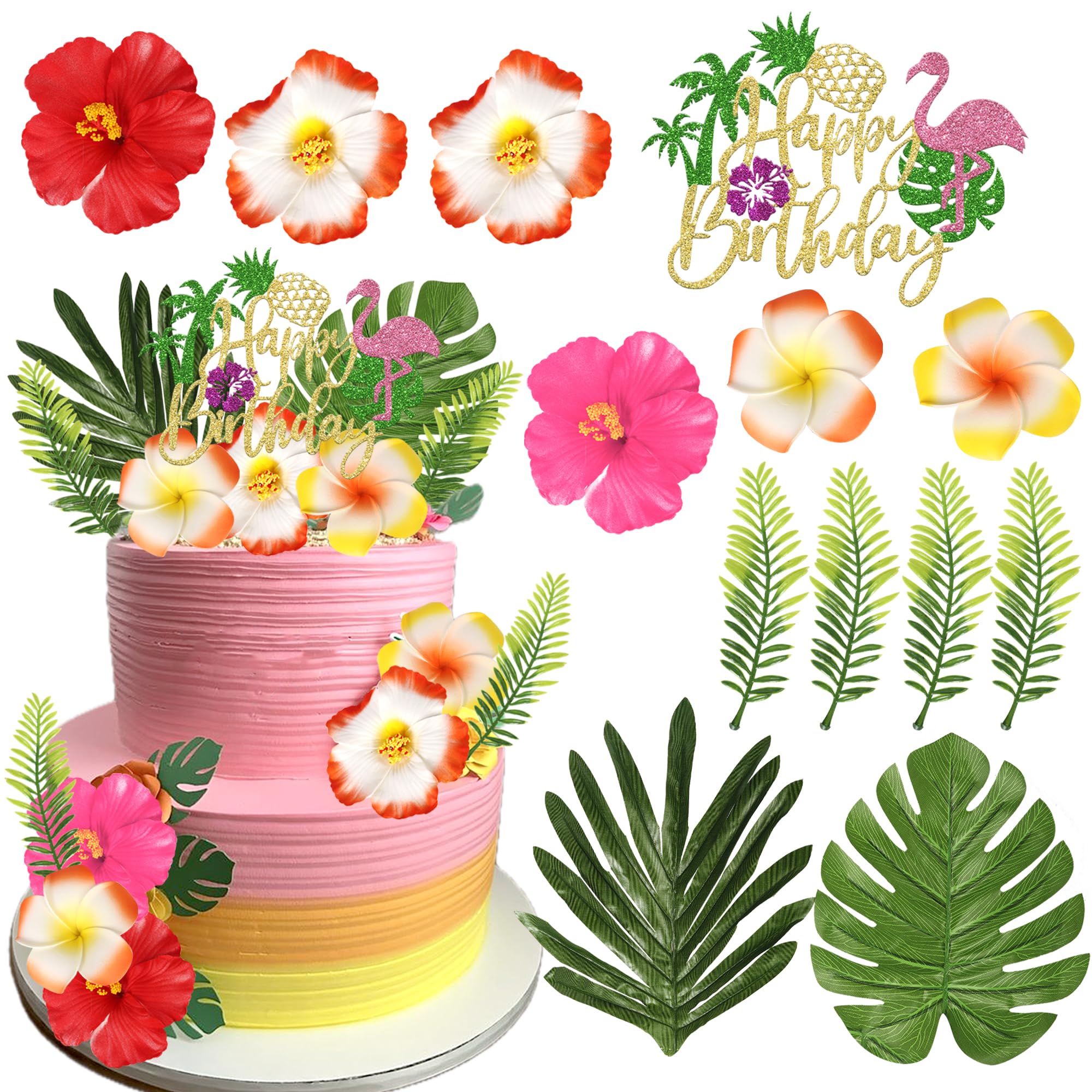 SYKYCTCY 13 Pack Flamingo Cake Toppers Summer Hawaiian Tropical Cake Decorations Flower Palm Leaf Cake Toppers for Hawaiian Beach Themed Kids Boys Girls Party Party Supplies