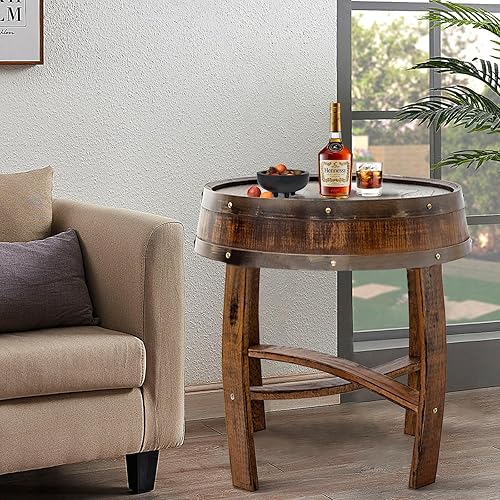Miniatura 8 de Mesa auxiliar de barril de whisky rústica hecha a mano, mesa auxiliar redonda de madera maciza de 23 pulgadas, mesita de noche estilo granja para