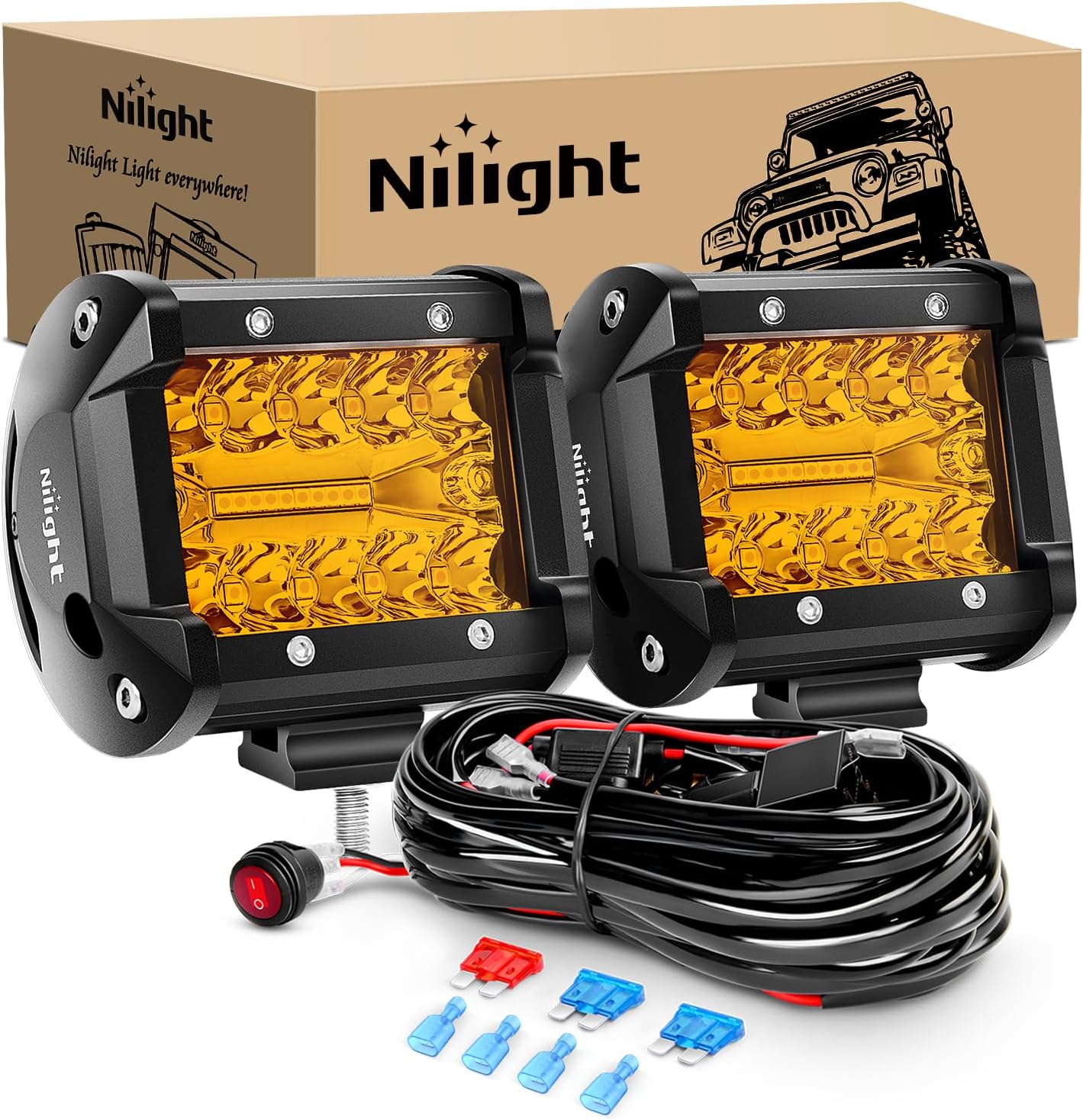 Nilight 2PC 4Inch Amber Led Pods Triple Row 60W Flood Spot Combo Driving Fog Lights with 16AWG Wiring Harness-2 Leads for Offroad Pickup Trucks Jeep ATV UTV SUV