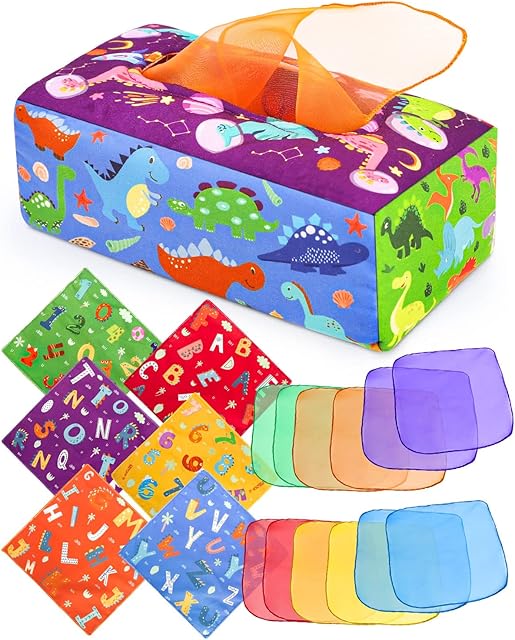 DINORUN Montessori Toys, Dinosaur Tissue Box Toy Toddler Sensory Toys include Colorful Scarves, Early Learning Toys for 6-24 Months Babies