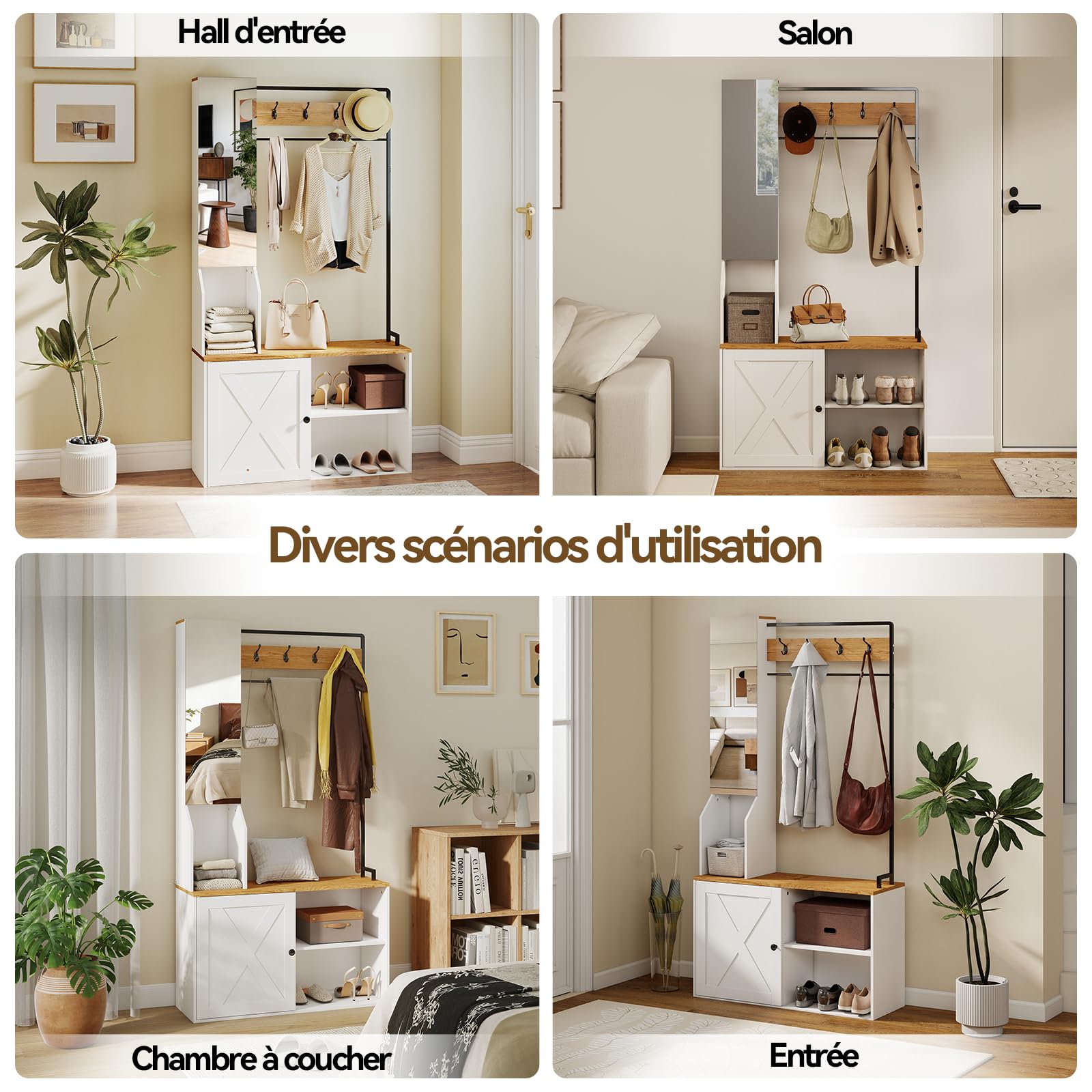YU YUSING Vestiaire d'Entrée Multifonctionnel avec Miroir Banc et Placard, Meuble Porte-Manteau et Chaussures, 4 Crochets, Rangement Chaussures Réglable, Gain de Place, Couloir, Chambre, 90x30x170 cm