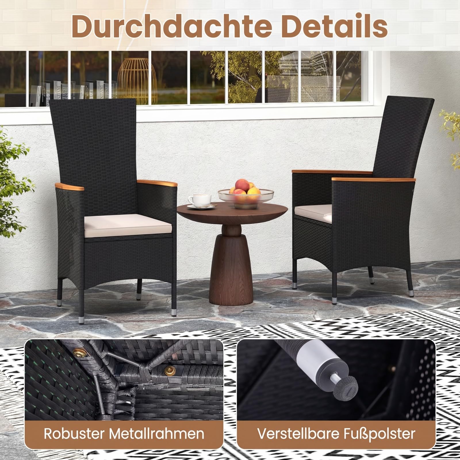 COSTWAY Gartenstühle Hochlehner 2er Set, Rattan Gartensessel, Terrassenstühle mit Sitzkissen, wetterfeste Balkonstühle bis 180 kg belastbar, für Garten, Balkon & Terrasse (Beige)