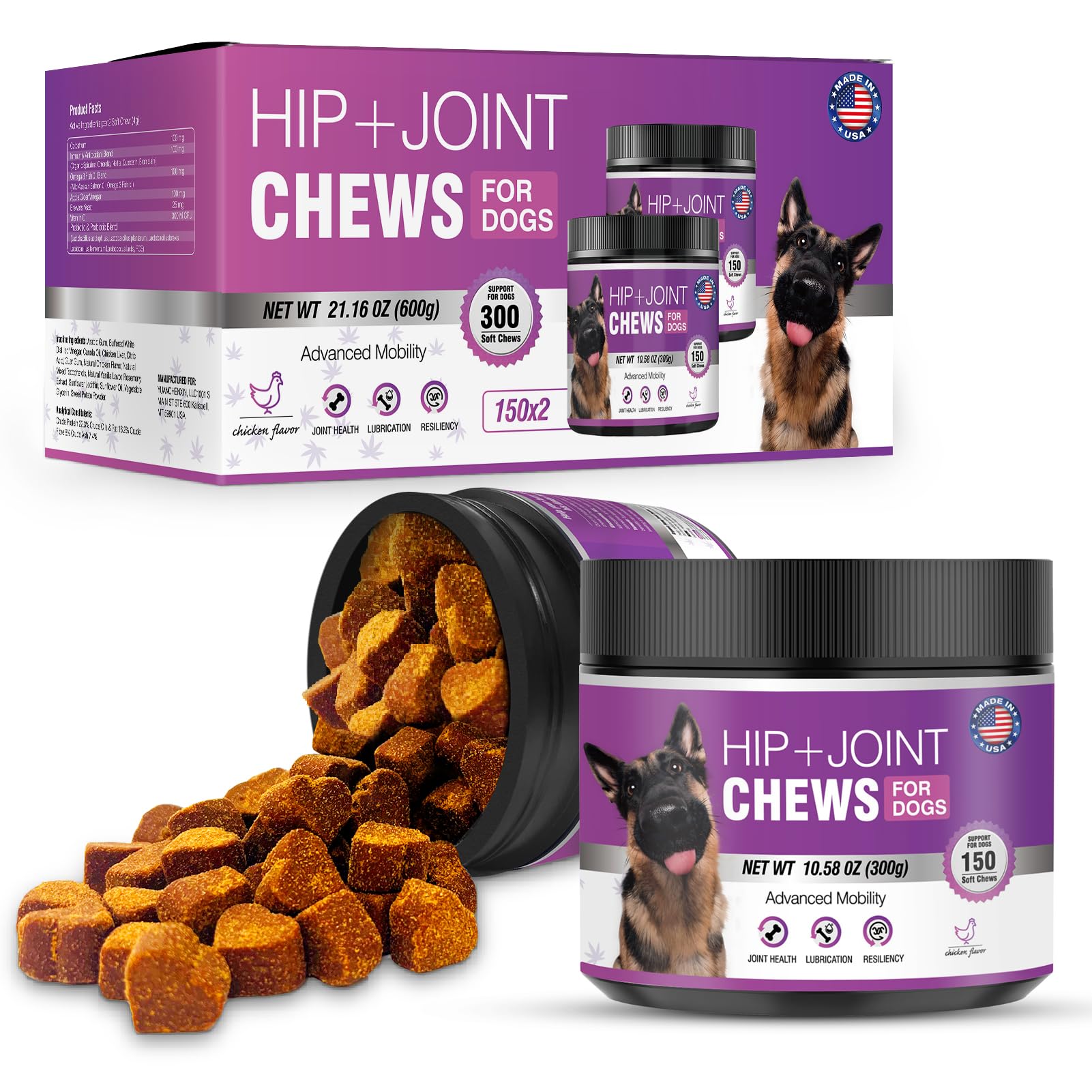 Glucosamine for Dogs Joint Support Supplement 300 Dog Hip and Joint Chondroitin Chews Treats with MSM Hemp Dog Joint Pain Relief Mobility Supplements Fit All Large Small Medium Breed Chicken Flavor