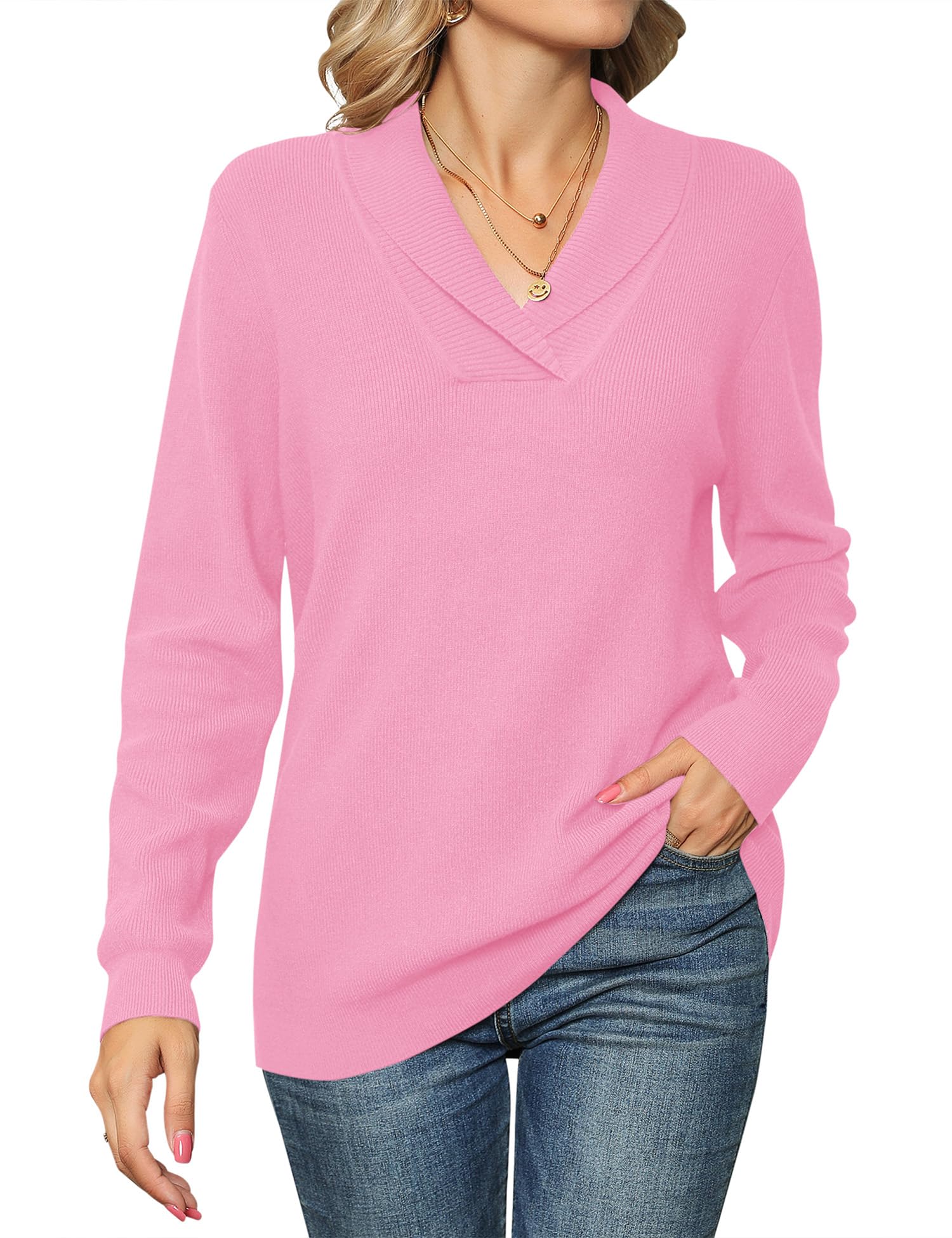 Ivicoer Women Long Sleeve V Neck Pullover Collar Knitted Sweaters