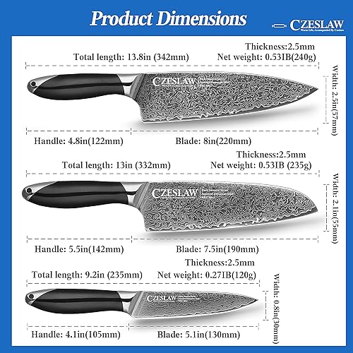 Miniatura 4 de Juego de 3 cuchillos de cocina japoneses de damasco, cuchillo de chef profesional afilado negro, uso de forja de acero de damasco premium, con mango