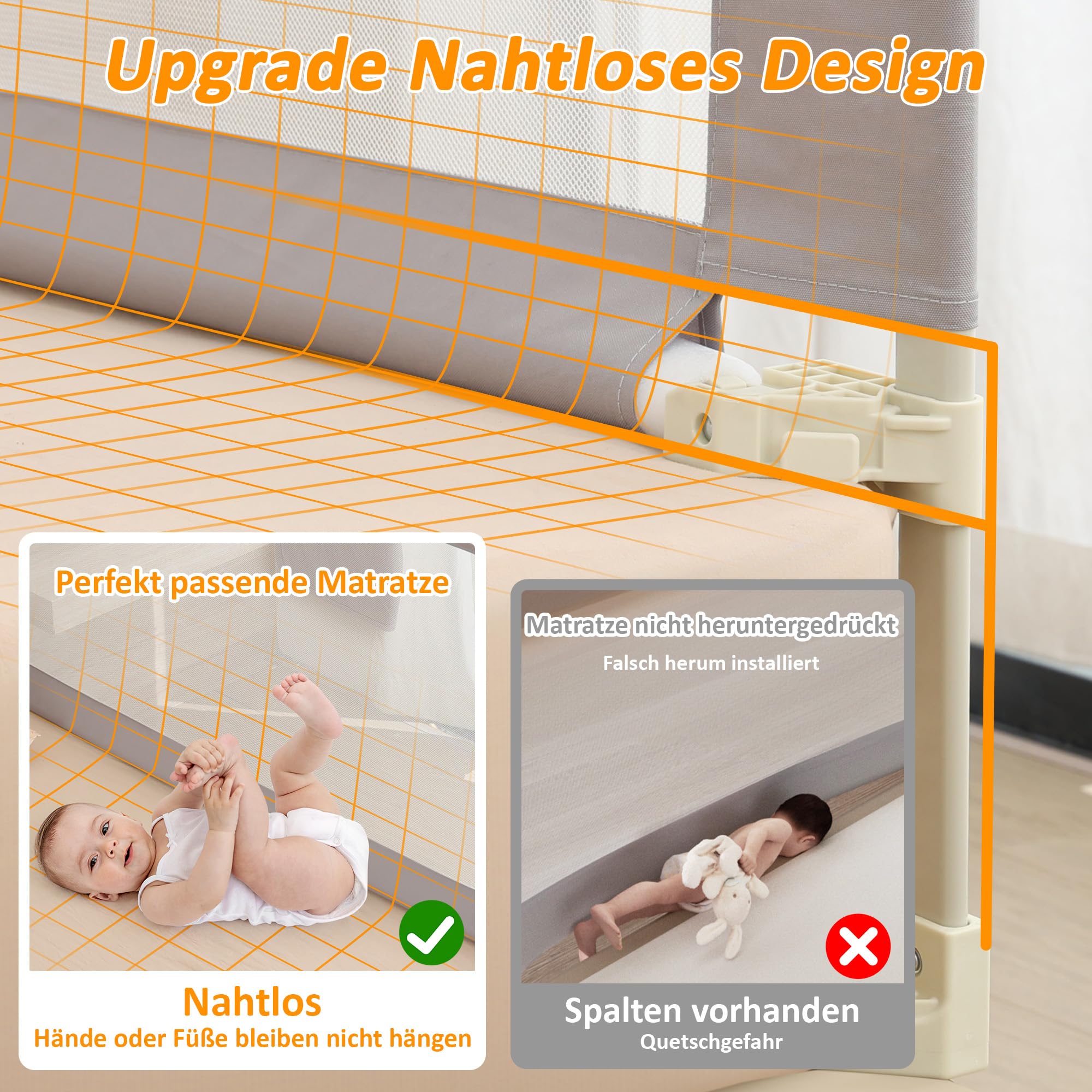 Bettgitter für Kleinkinder, 200cm Bettschutzgitter Kinderbettgitter für Kinder Babybettgitter Klappbar, Kinderbett Kinderbettschutzgitter Rausfallschutz Bett, 5 Minuten schnelle Installation