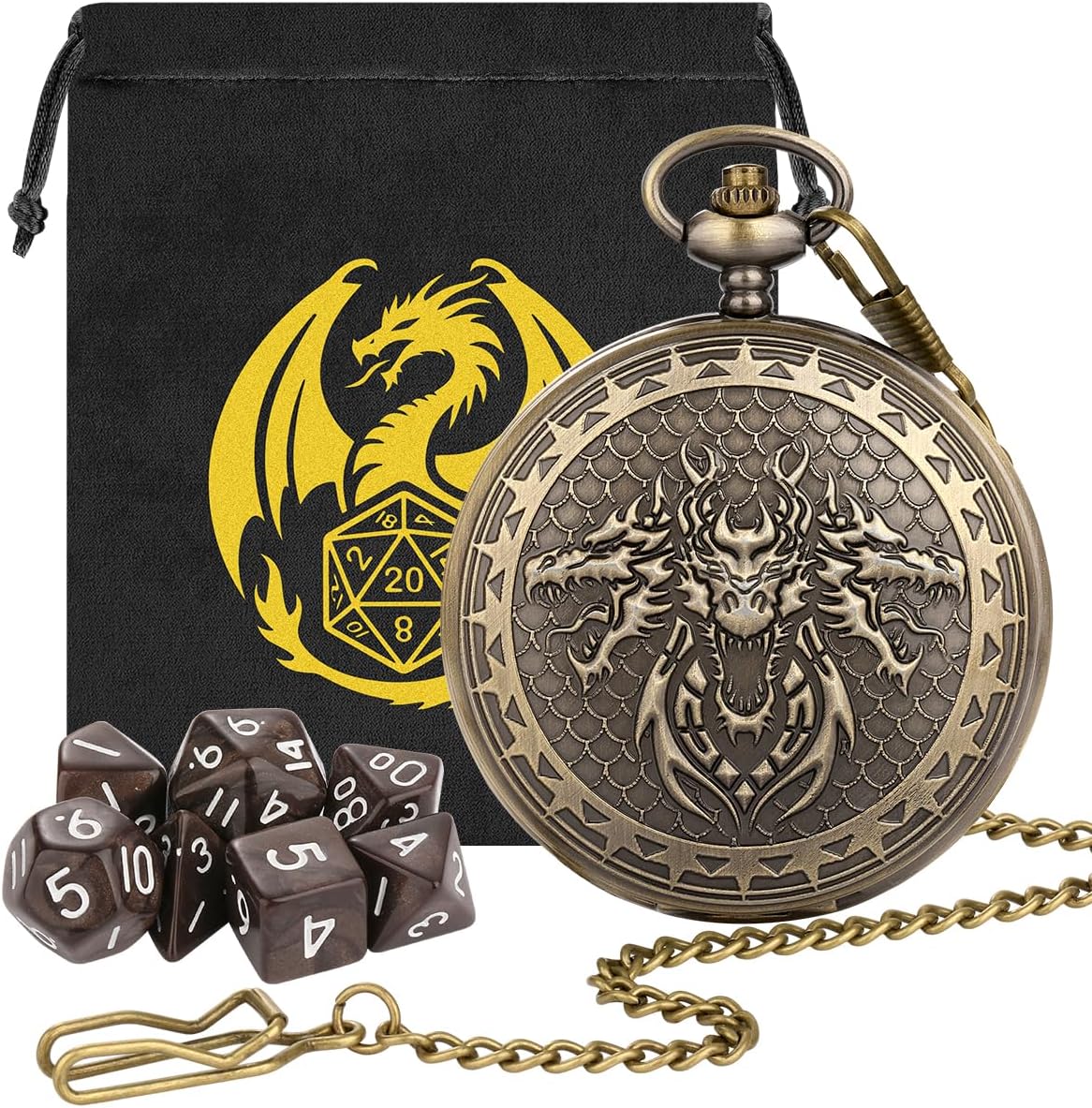 DND Dice Set, 7pcs Small Acrylic Dice with Pocket Watch Shell, D&D Starter Set, Polyhedral Dice for RPG, MTG, Warhammer, D&D Accessories, Gifts for Men Women, 3 Head Dragon Design, Brown Dice