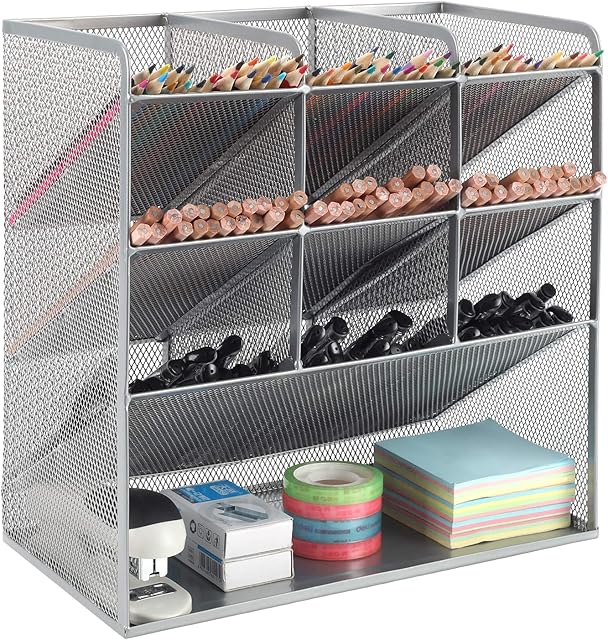EasyPAG Office 4 Tier Mesh Desk Tidy Pen Storage Pencil Holder Desktop Versatile Stationery Organiser,Silver