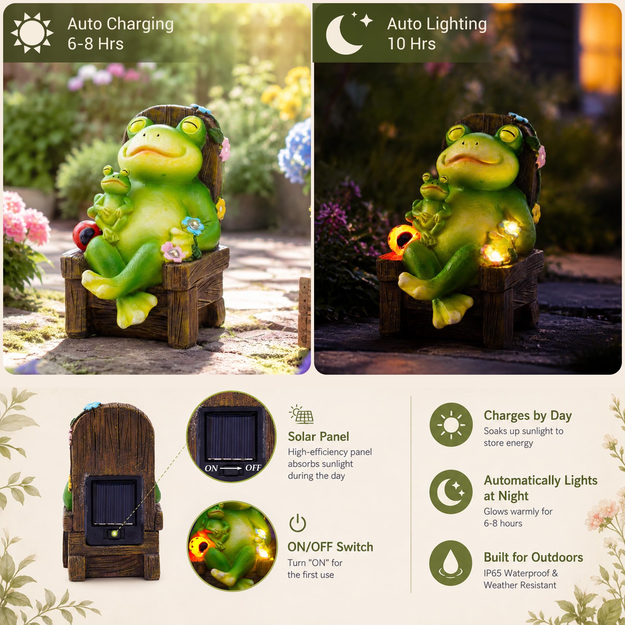 Yeomoo Statuette da giardino a energia solare con coccinelle e fiori, decorazione da giardino per esterni, divertente rana madre con bambino su sedia a dondolo, decorazione per soggiorno, giardino