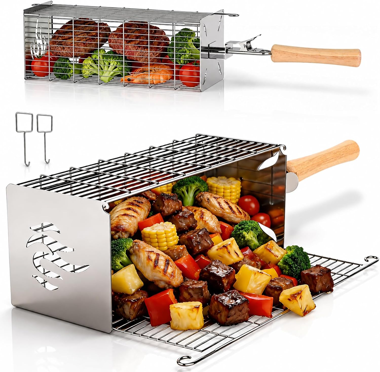 TNTOR Square Grill Basket, Larger 304 Stainless Steel Nesting Grilling Net, Removable Handle, BBQ Grilling Accessories Tools for Veg Shrimp, Outdoor Cooking Camping grilling gifts for men Dad Husband