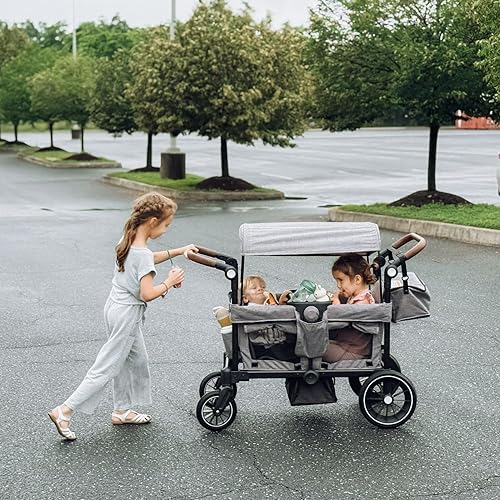 Miniatura 9 de Cochecito para 2 niños, carrito plegable para niños con arneses, mango doble ajustable de empuje, toldo extraíble, bandeja para aperitivos, bolsa de