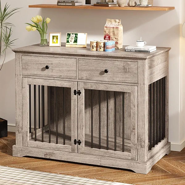 VENDORZ Dog Crate Furniture, Wooden Dog Kennel Furniture Indoor with 2 Storage Drawers, 46 Inch Heavy Duty Large Dog Crate Furnitures, Dogs Cage & Crate Furniture for Small Medium Large Dogs, Grey