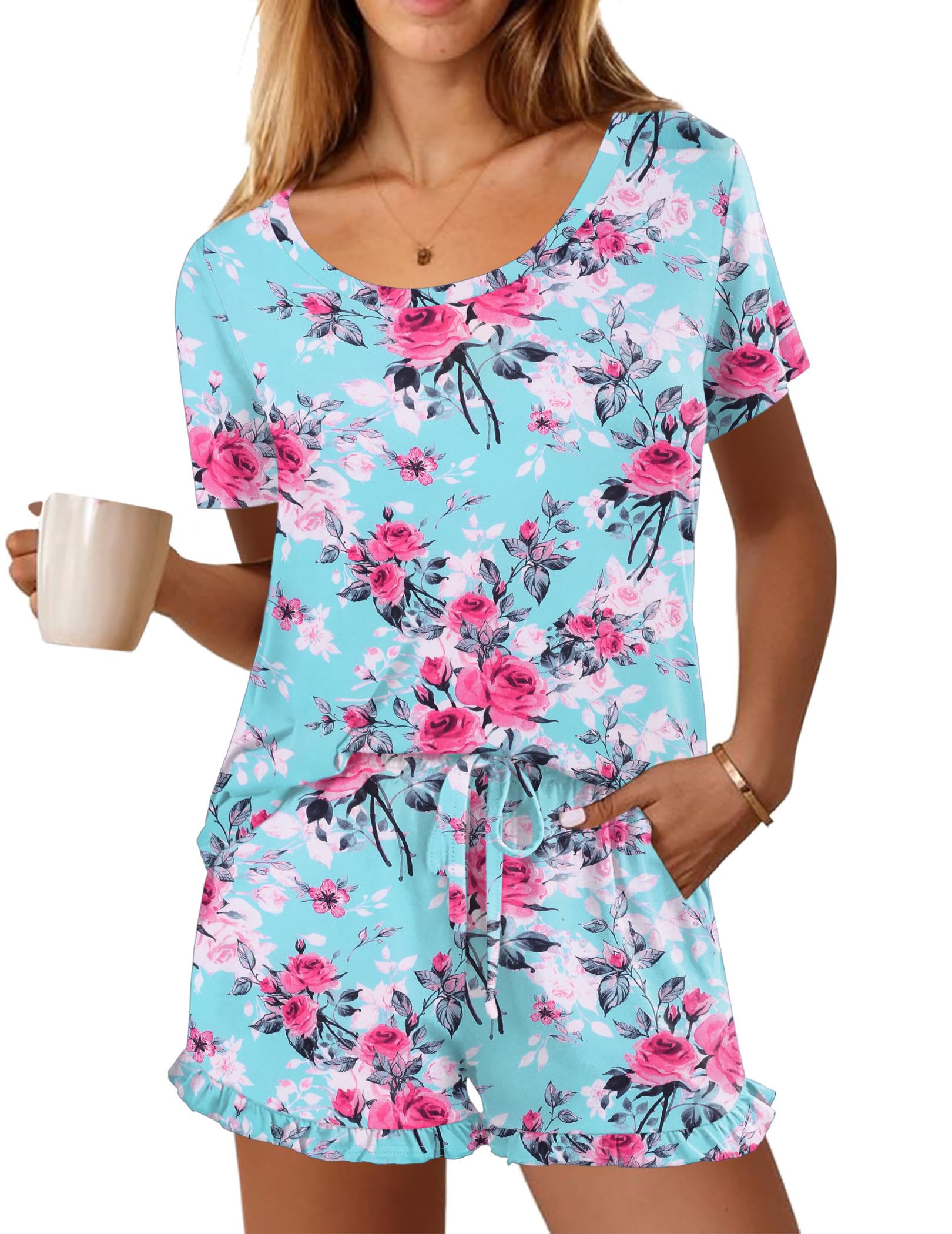 Ekouaer Womens Pajamas Short Sleeve Lounge Set Crew Neck Tops and Ruffle Shorts Pj Sets Soft Sleepwear with Pockets S-XXL