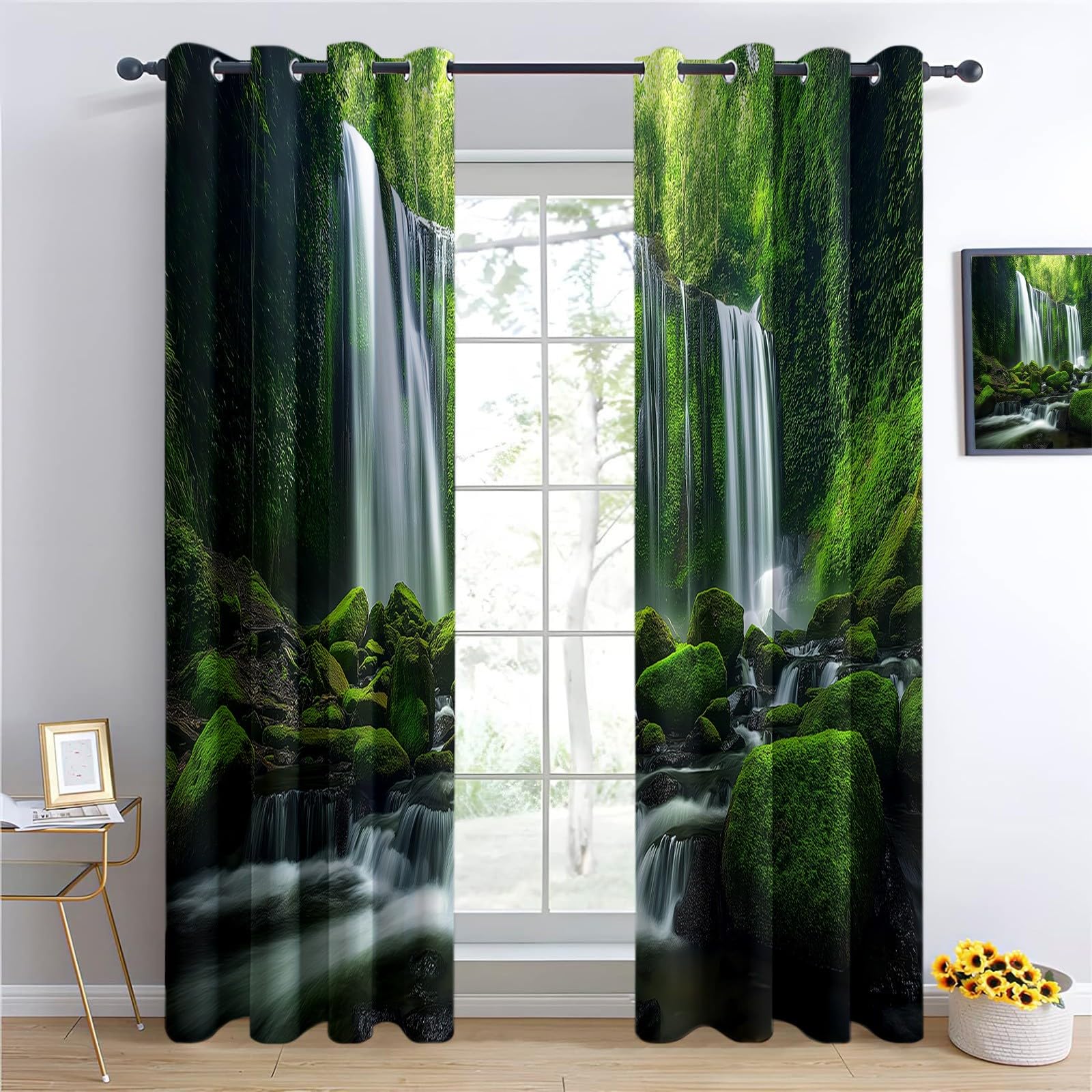 Rideau Occultant Forêt Tropicale Cascades forestières Tenture Opaque à Oeillets Draperies Intérieurs Lot de 2 Rideaux Thermique Isolant Protection UV pour Chambre Ferme Fenetre 2 x 140 X 260 cm