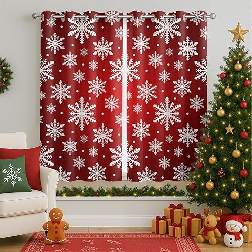 Miniatura 2 de Cortinas opacas de Navidad para niñas y niños, decoración del hogar, decoración navideña, copos de nieve rojos, con ojales, aislamiento térmico,