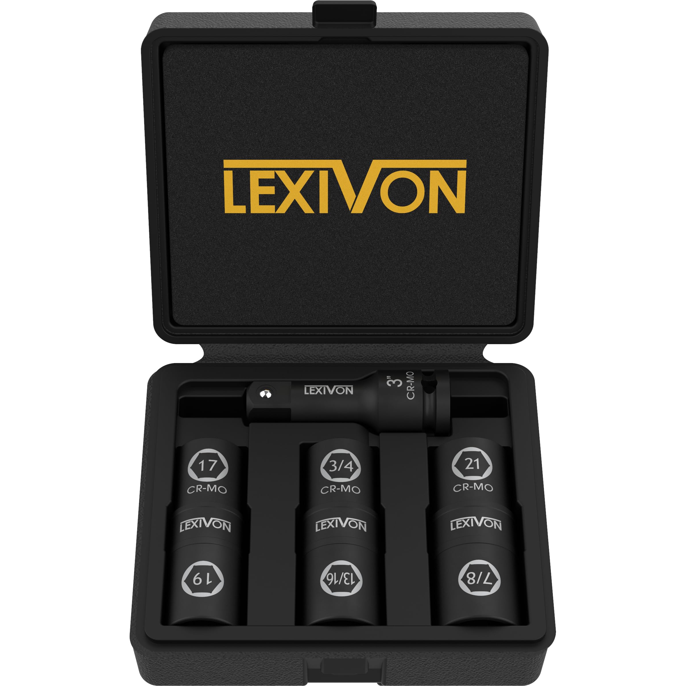 LEXIVON Set di bussole a impatto, 6 dimensioni totali di dadi per capicorda, innovativo design delle bussole a innesto, dimensioni utilizzate più comunemente in pollici e metriche, acciaio Cr-Mo =