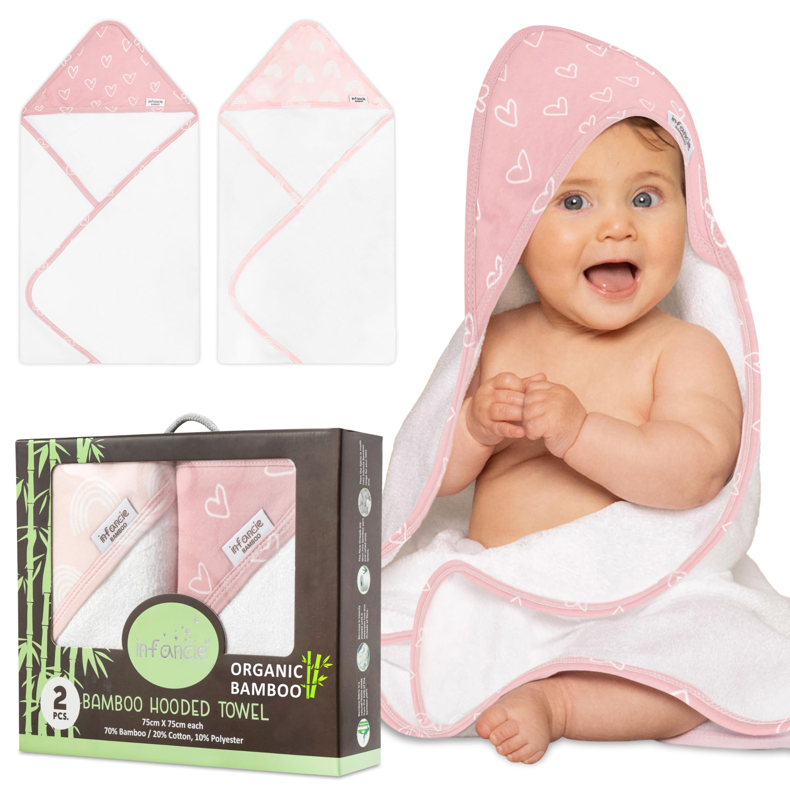 infancie Organic Cotton Hooded Baby Towel - Ultra Soft Bamboo Bath Towel for Infant and Baby, 75x 75 cm Quick-Dry and Hypoallergenic - Breathable and Absorbent Baby Essentials (Pink/Peach)