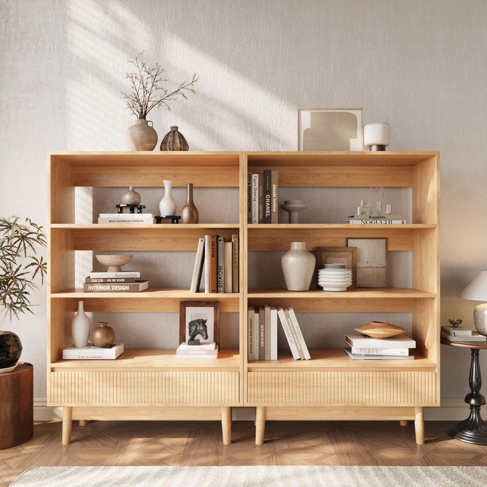 VOWNER 3-Ebenen Bücherregal mit Schublade, Offenes Standregal, Holzregal Modern, Vielseitiges Aufbewahrungsregal, für Büro, Wohnzimmer, Schlafzimmer, Küche, 80x120x30 cm, Holzfarbe (1)