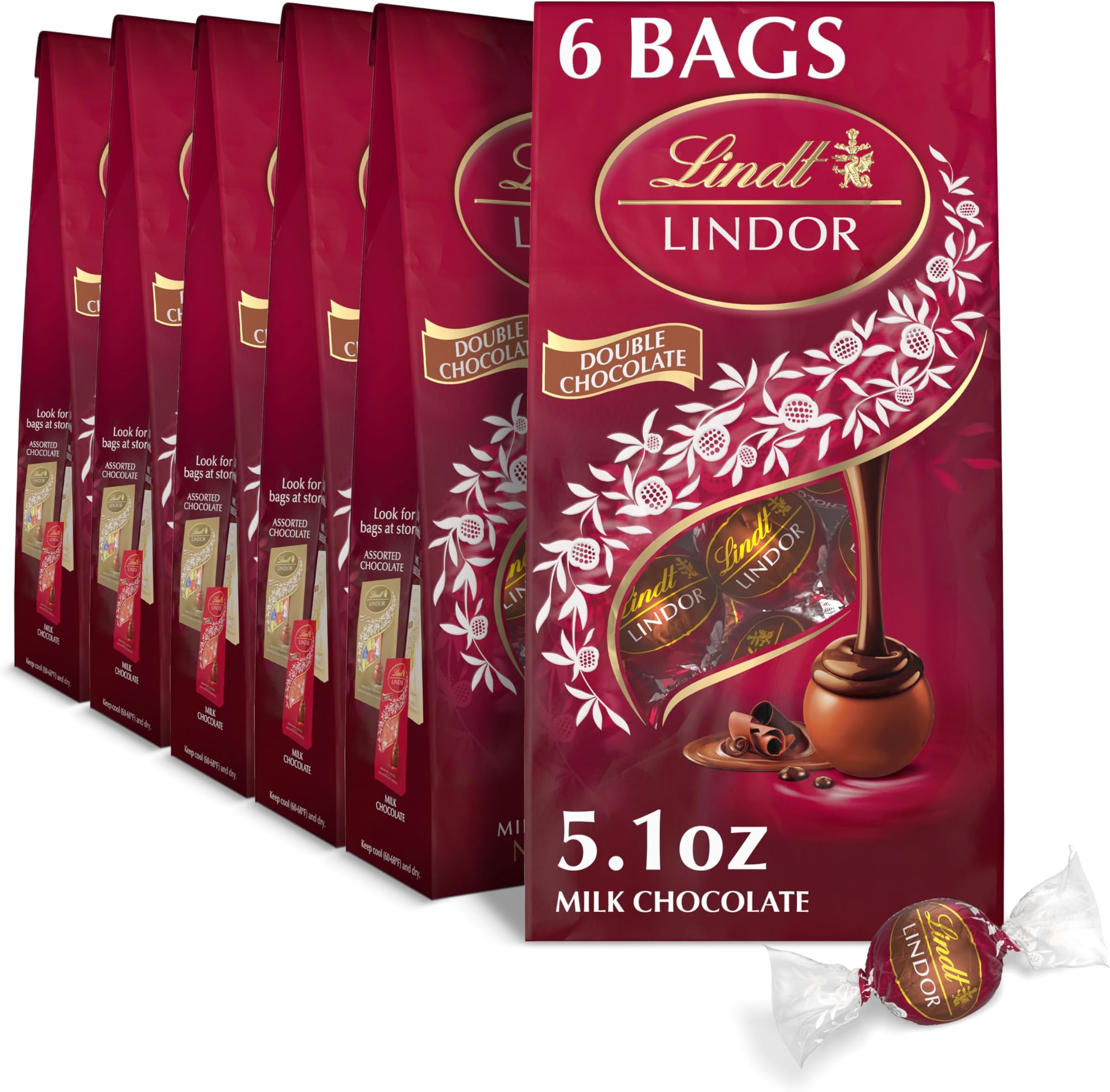 LINDOR Double Chocolate Milk Chocolate Candy Truffles, Milk Chocolate with Smooth, Melting Truffle Center, Great for Gift Giving, 5.1 oz. Bag (6 Pack)