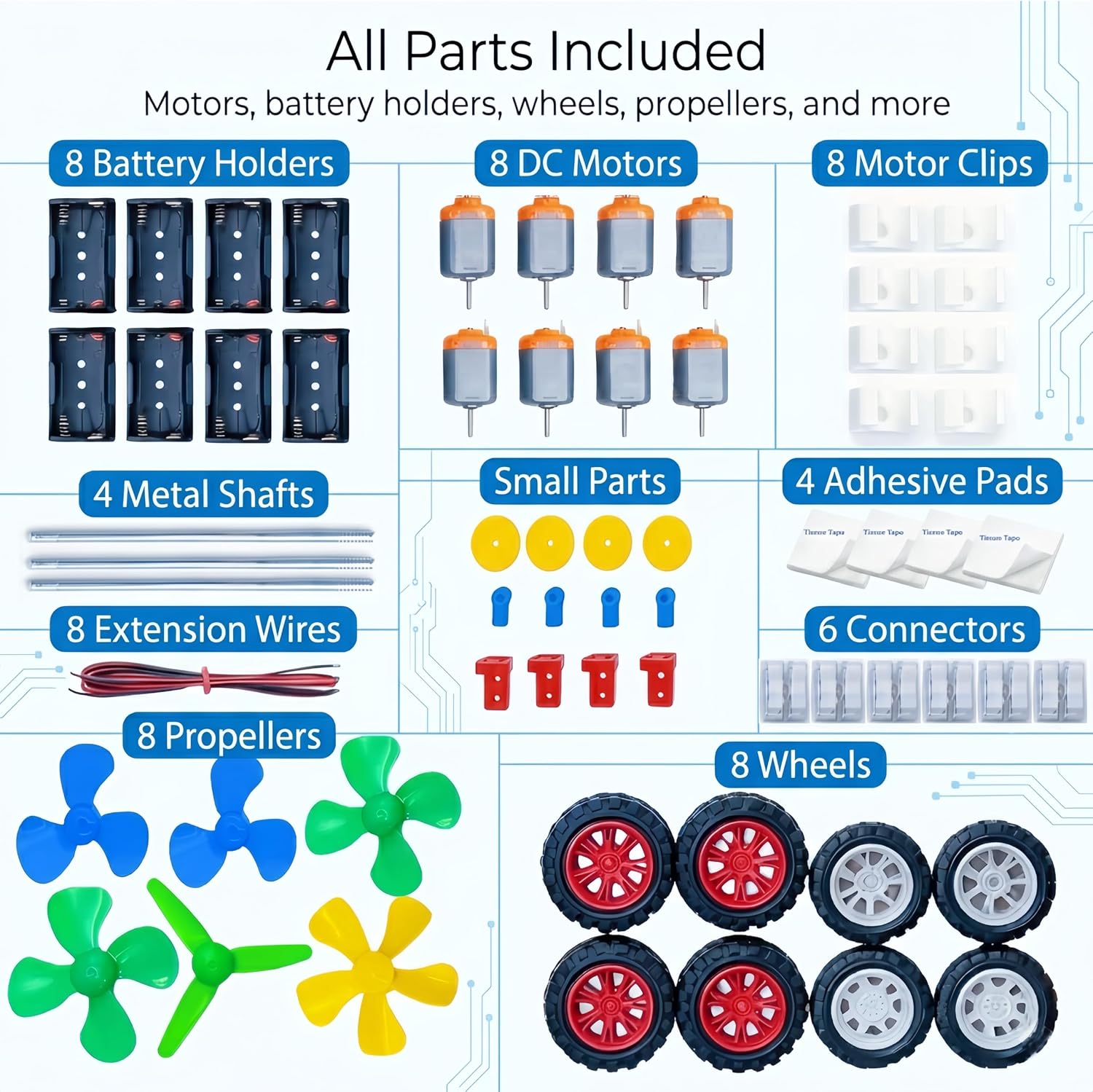 DC Motor Kit for Kids, 8 Set STEM Science Kit with Motors, Wheels & Gears | Build fans, cars and STEM projects with mini motors, wheels, gears and connectors for hands-on learning at home or school.