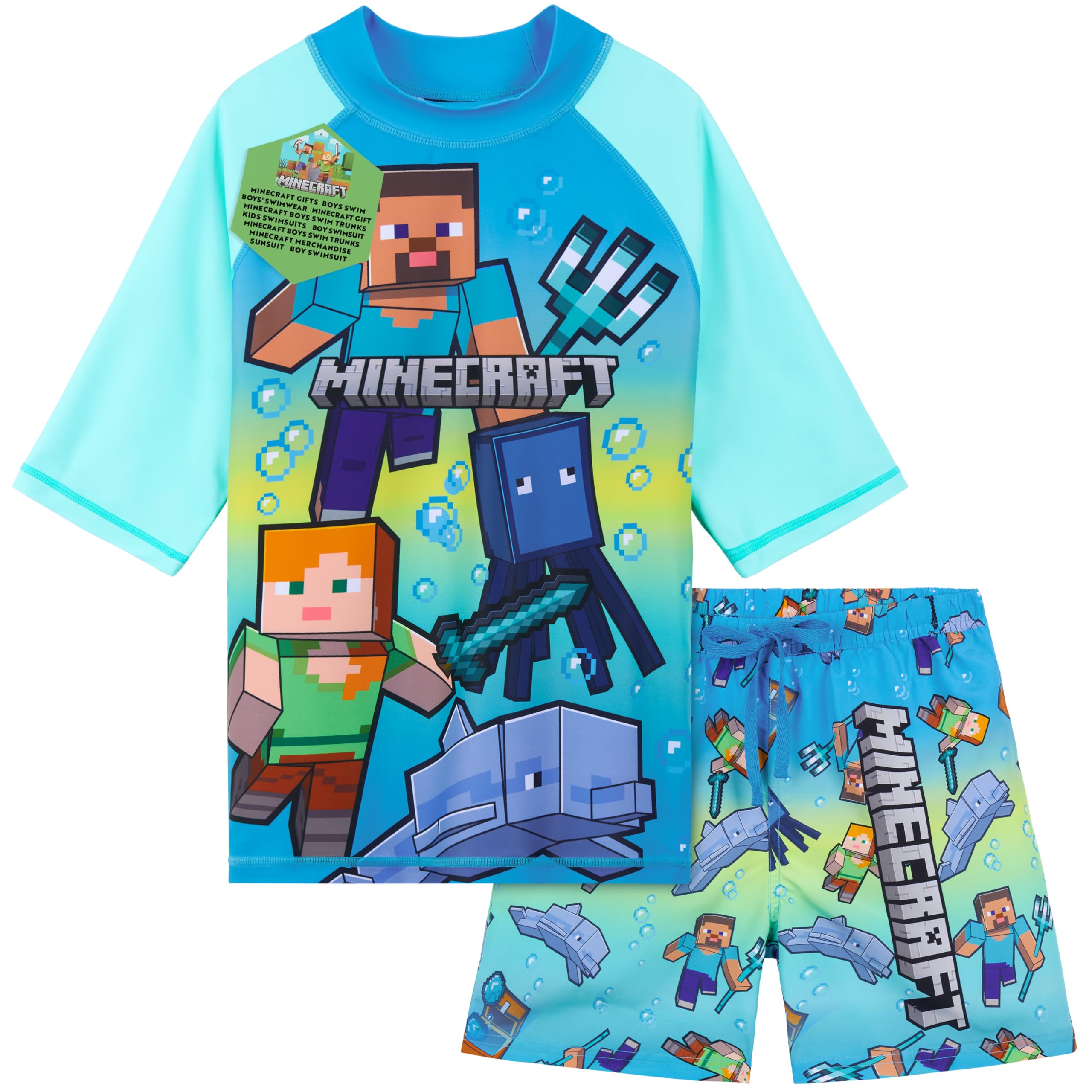 Get Trend Boys Blue/Green Minecraft Minecraft Swimsuit Set For Teenagers 2 Pcs With Swimming Trunks Creeper Rash Vest For Swimming Beach Trip Gamer Holiday Essentials (11-12 Years, )