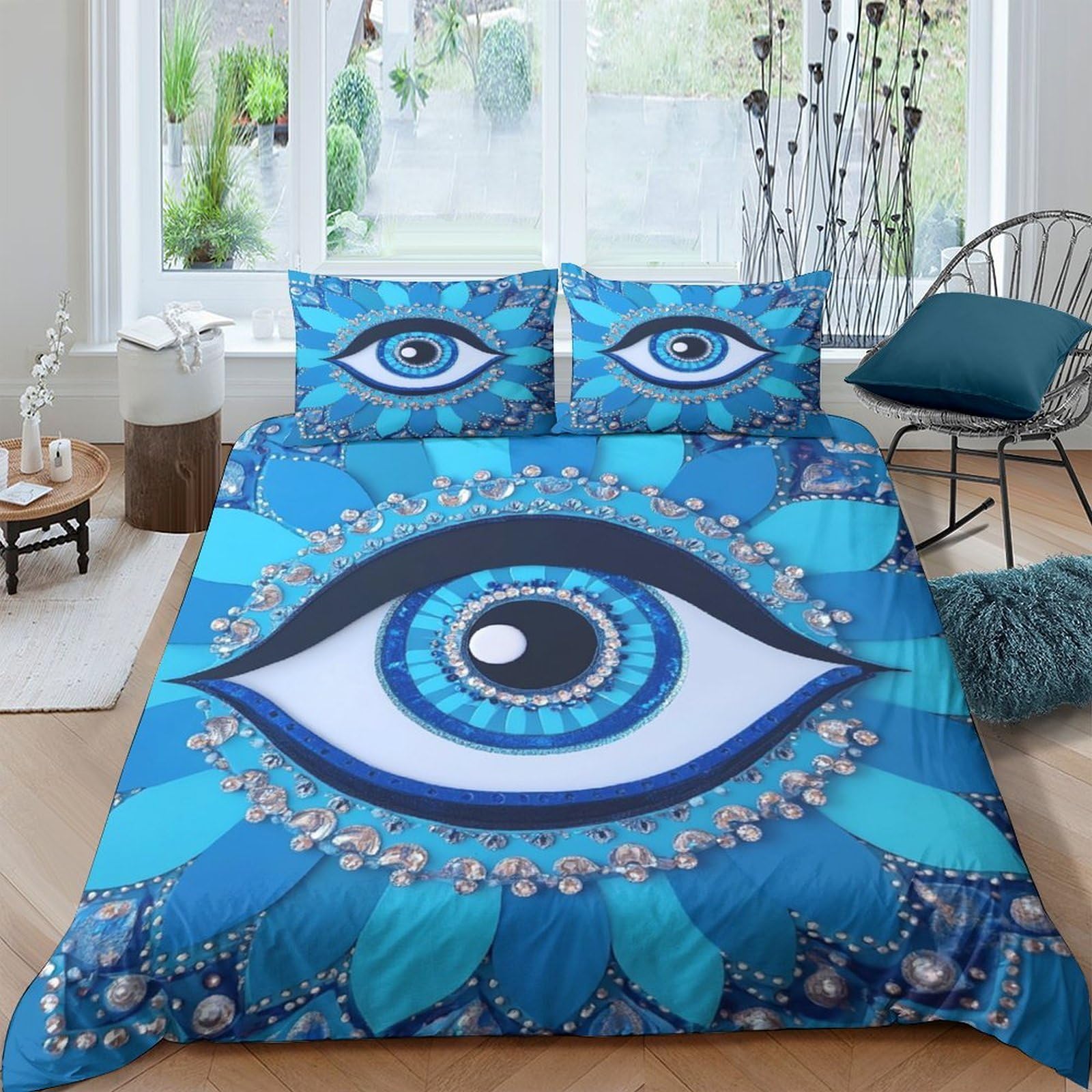 Ctjqhvkz Style-2 3D Printed Evil Eye Fitted Sheet Microfiber Blue Mandala Bed Cover Bedroom Dorm Easy Care Mattress Protector Single（135X200cm）
