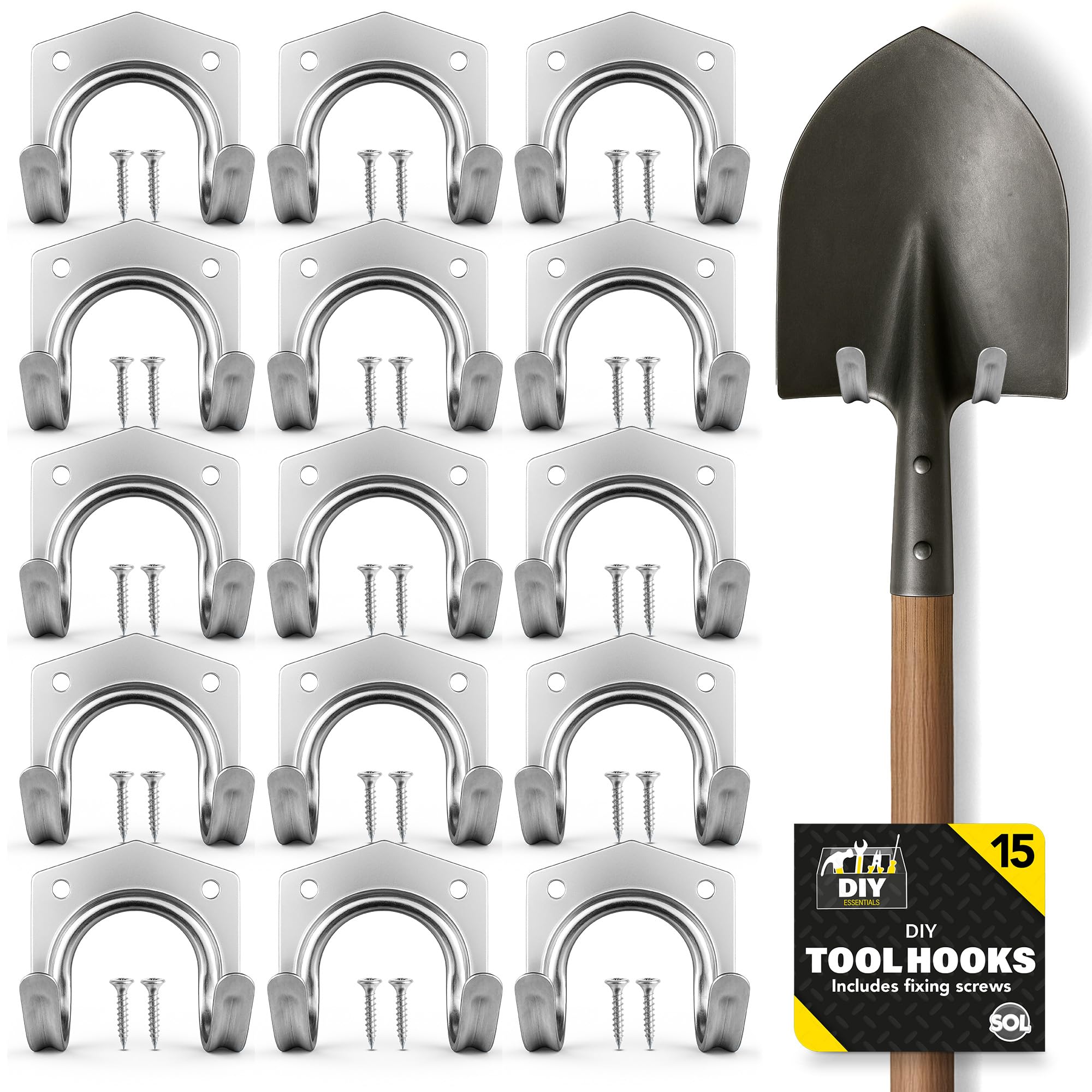 Sol Silver 15Pk Diy Tool Hooks Metal Aluminium Garage Storage With 30Pcs Screws Durable Rust Resistant Heavy Duty Wall Mount For Bikes Ladders Garden Equipment Organisation