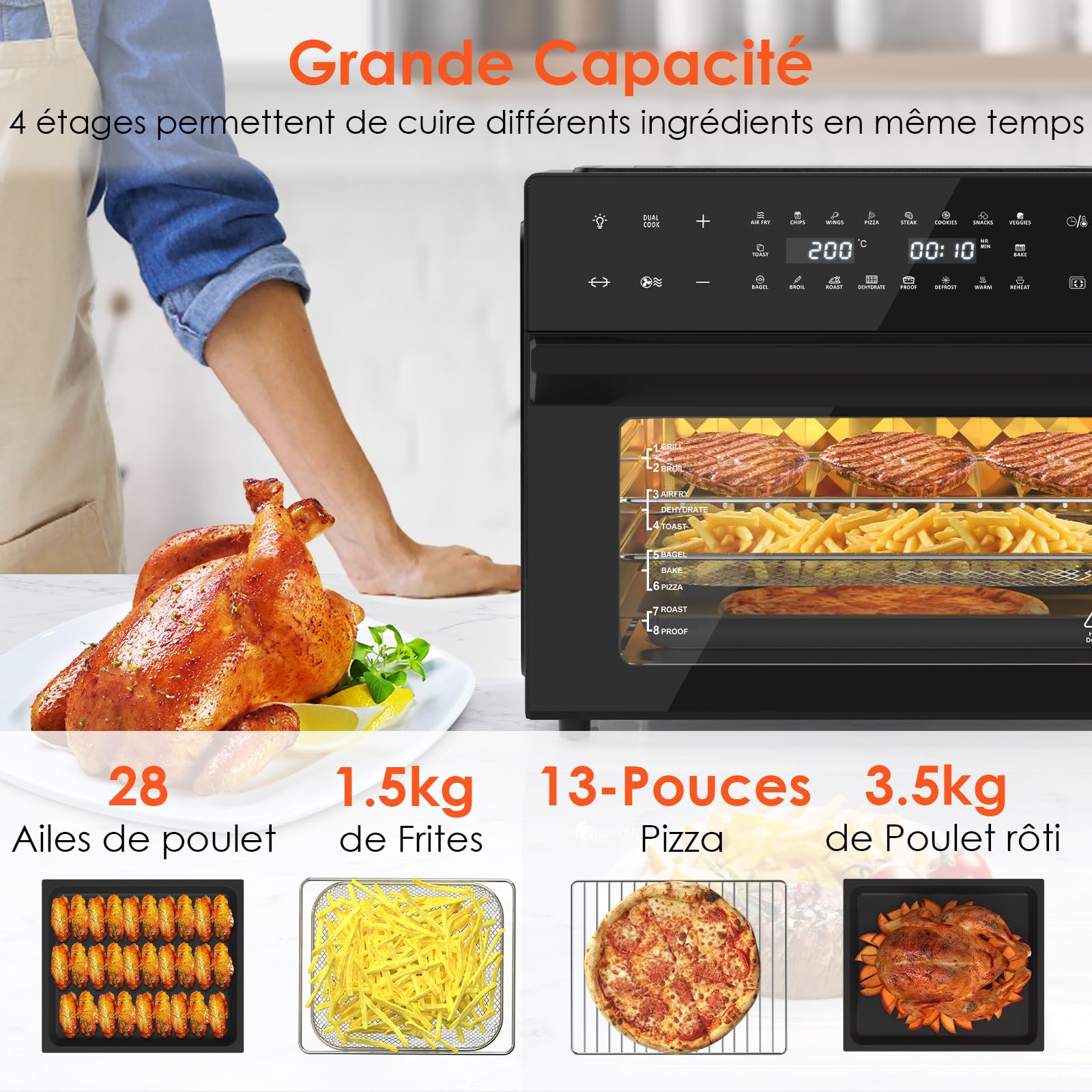 LLIVEKIT 30L Friteuse sans Huile avec Tournante Rôtissoire, 9 Accessoires | Air Fryer XXL 20 Programmes, Friteuse sans Huile avec Écran Tactile LED, Mini Four avce Livre de Recettes, 80°C-230°C