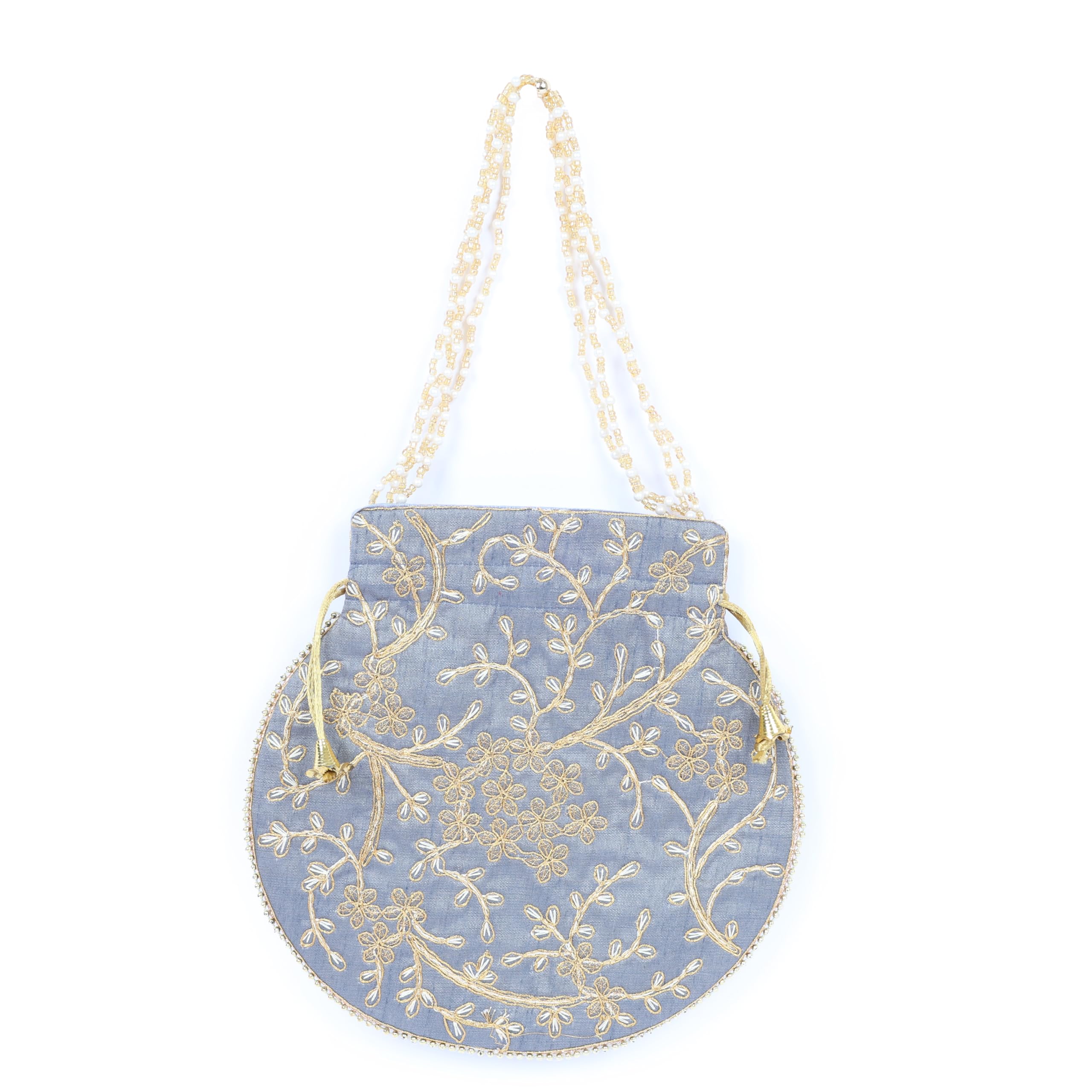 natriel Embroidered Potli Bag, Red with Gold Floral Vine Design, Pearl Tassel Handle, Drawstring Closure-picture-46