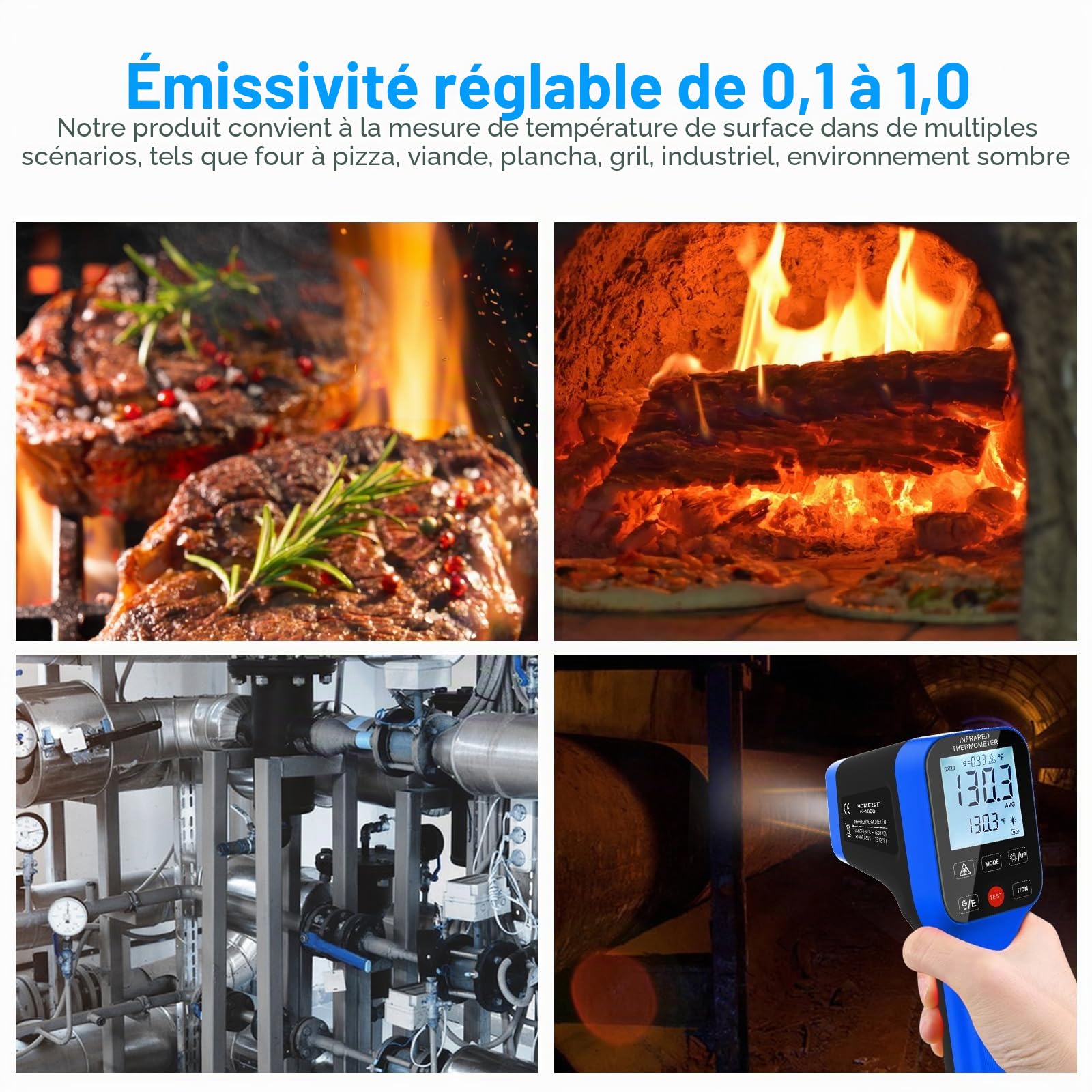 AIOMEST Thermomètre Infrarouge -50℃~1600℃ Haute Température Pistolet D:S=30:1 Double Laser Industriel IR Température Touches Tactiles, Rechargeable Thermometer