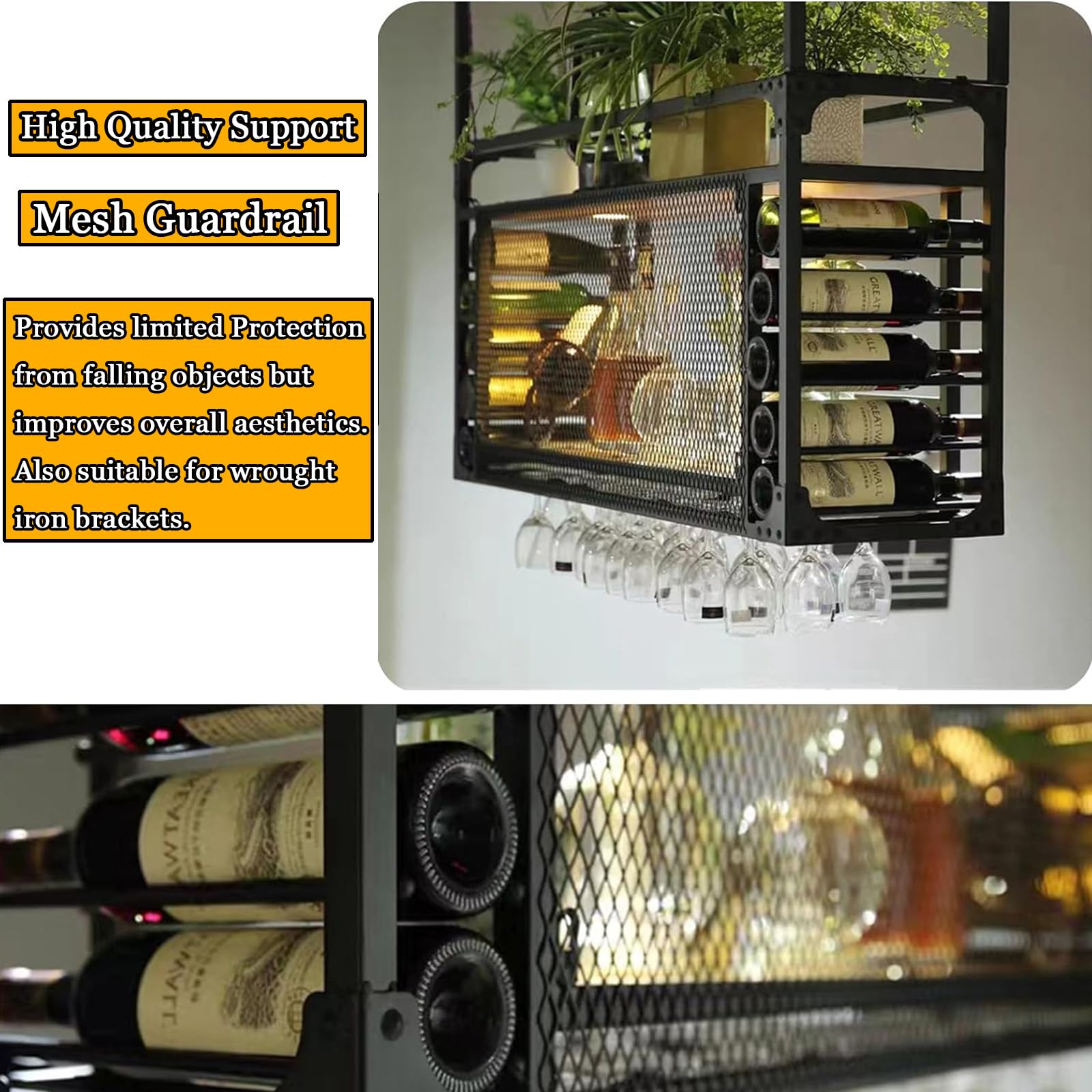 Portabottiglie da Parete con Supporto per Bicchieri in Metallo a soffitto - Organizzatore salvaspazio per calici per casa, Ristorante e Bar - Design Multifunzionale (95x30x50 cm)