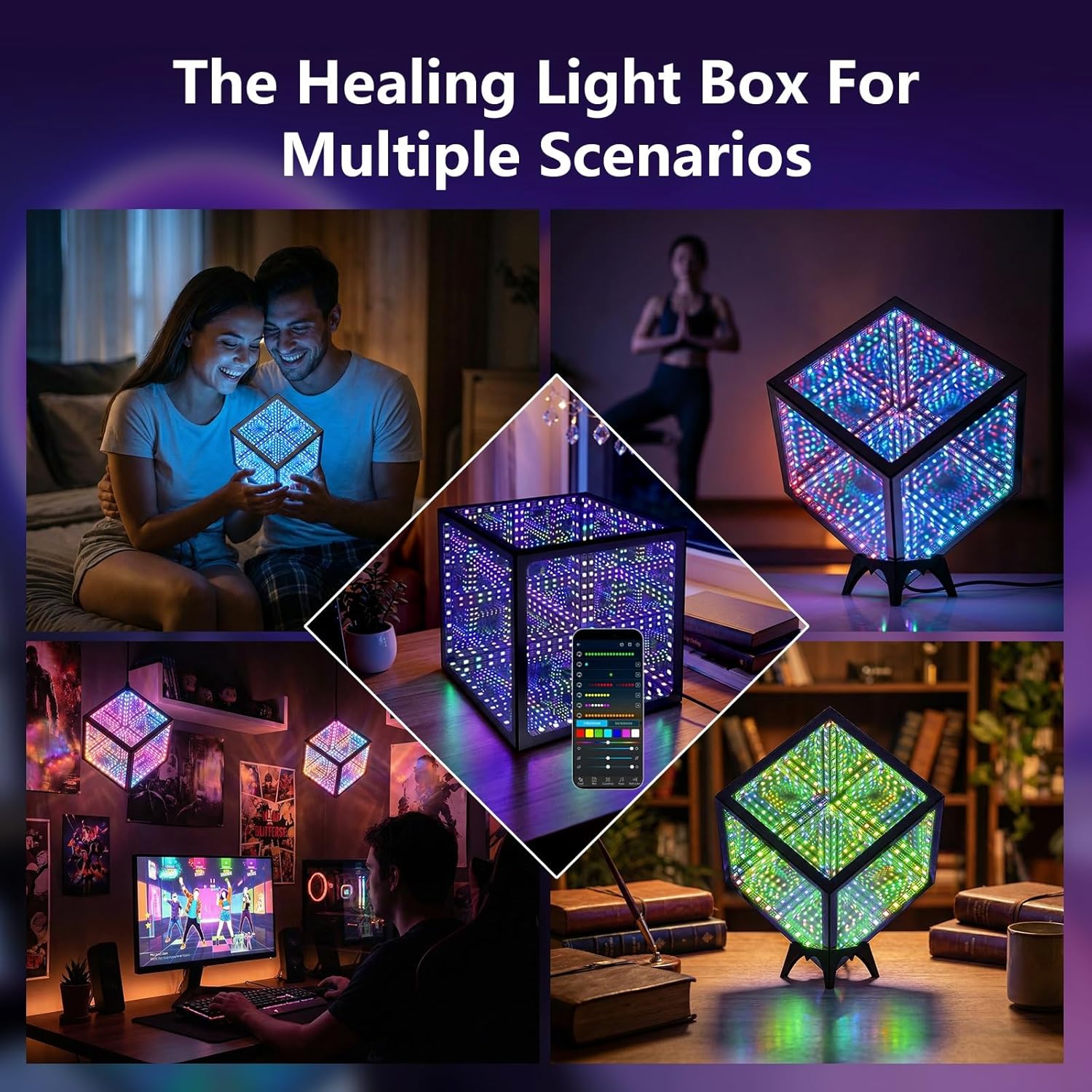 Infinity Hyper Cube LED Table Lamp - Infinity mirror desk Lamp with 100+ Patterns, Music Sync, App Control,Cool Color Changing Night Lights For Gaming,party,living room,bedroom, light display(7Inches)