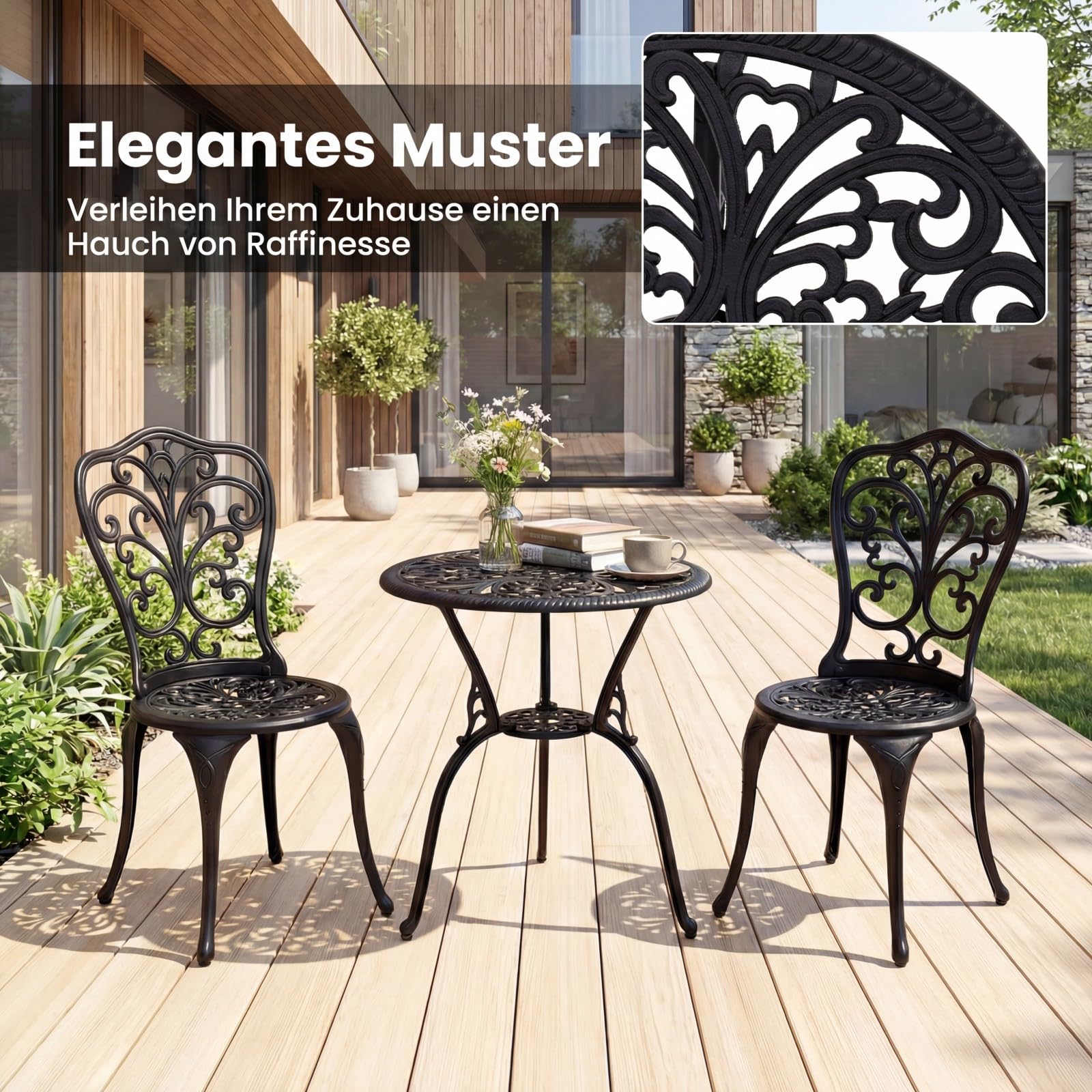 COSTWAY Bistroset 3-teilig, Bistrotisch mit 2 Stühle & Schirmloch, Gartenmöbel Set, Balkonmöbel aus Aluminiumguss, Balkonset, Gartengarnitur, Sitzgruppe für Garten, Terrasse, Balkon, Schwarz