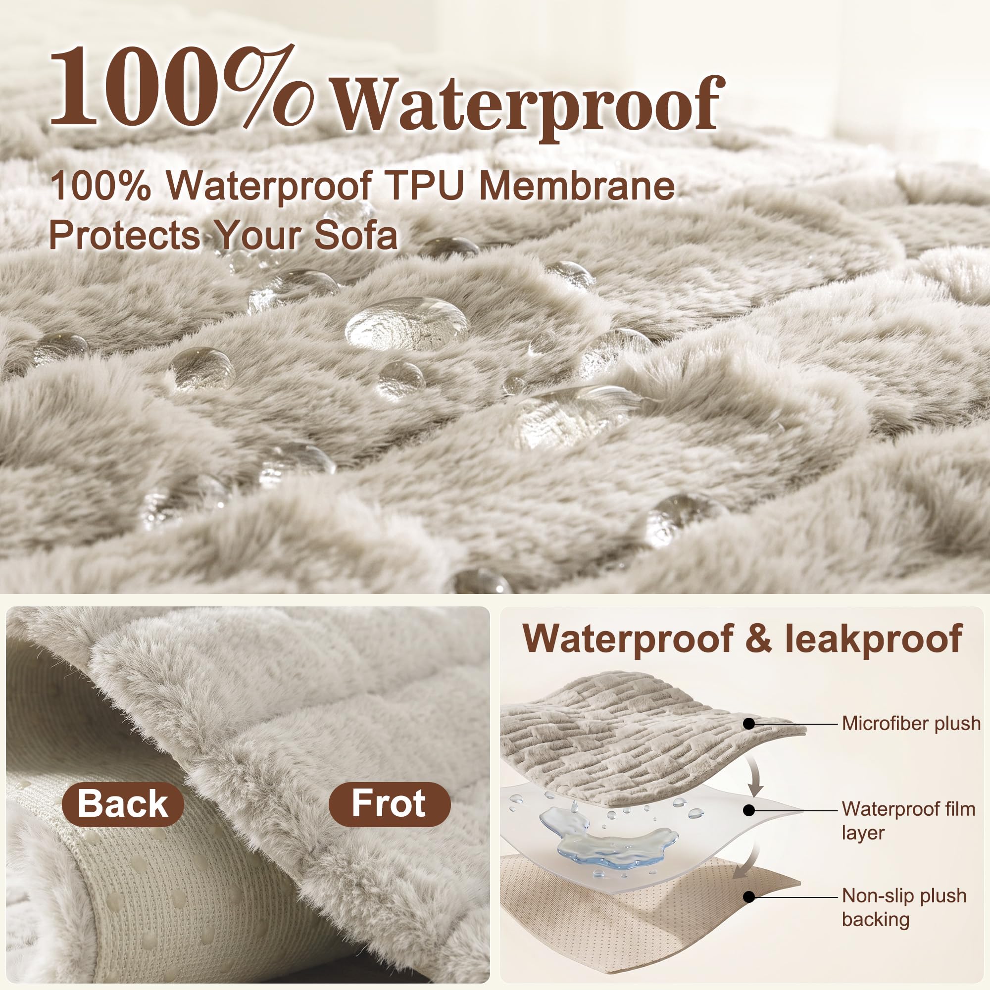 Wasserdicht Plüsch Sofa überzug 2/3/4 Sitzer,Khaki,90x210cm