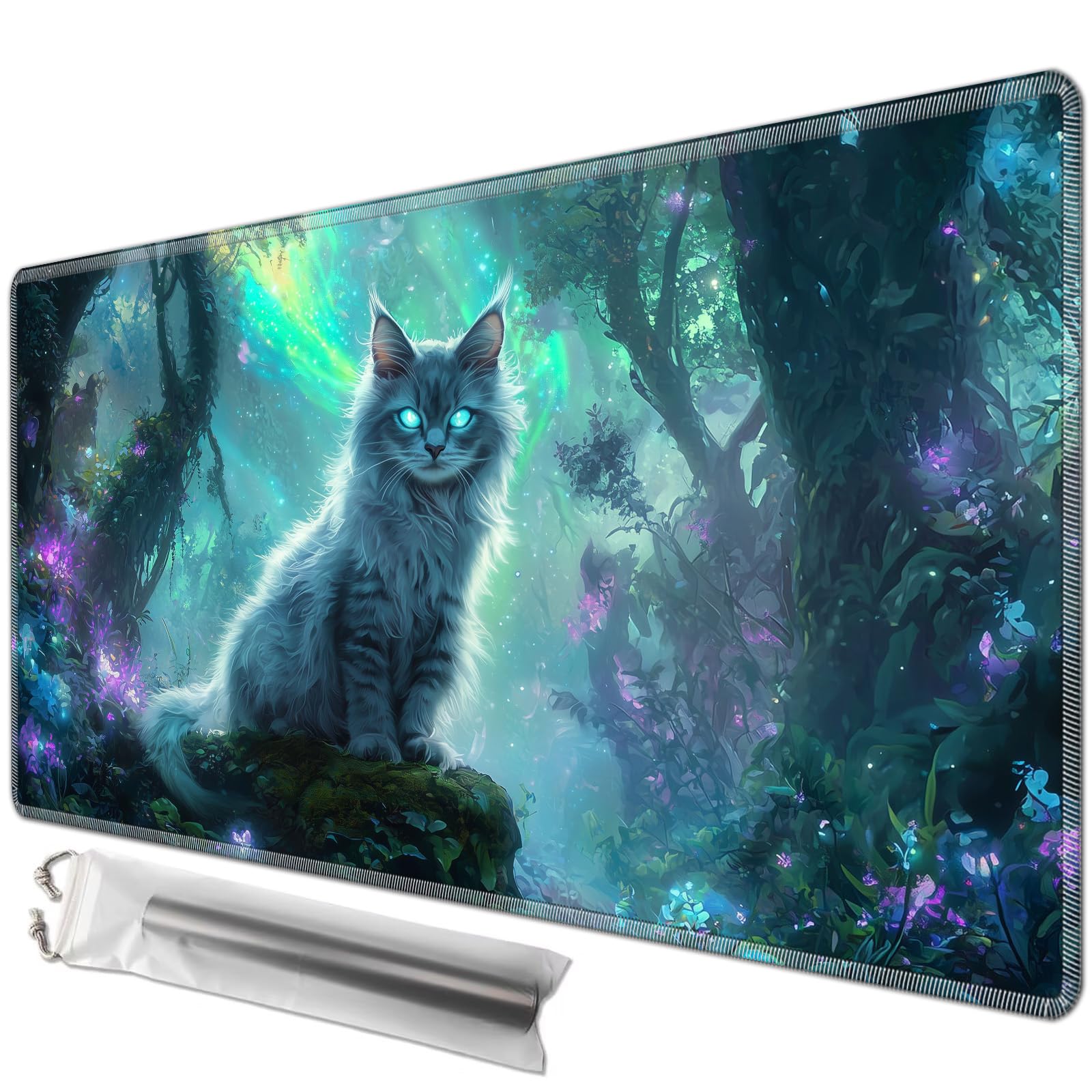 JANENFNA TCG Card Playmat 27.5" x 15.7" with Storage Bags for MTG Game Play Mats, Premium Stitched Non-Slip Rubber Tabletop Magic Play Mats Desk Duel Card Breaking Mats, Mystical Cat Forest โ image 1