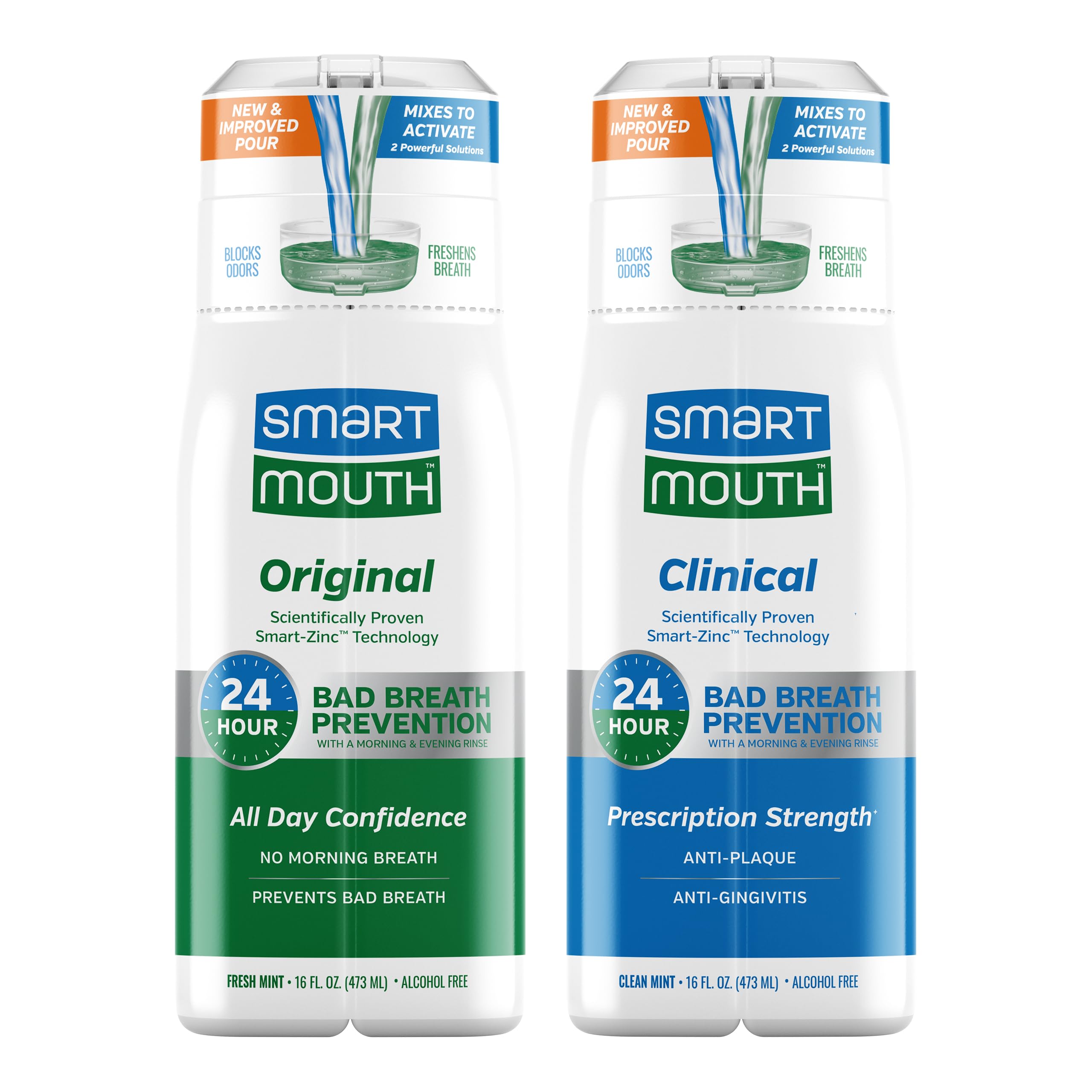 DDS Activated Clinical Mouthwash & Original Activated Mouthwash - Adult Mouthwash for Fresh Breath - Clean Mint Flavor (Clinical) & Fresh Mint Flavor (Original), 16 fl oz Each