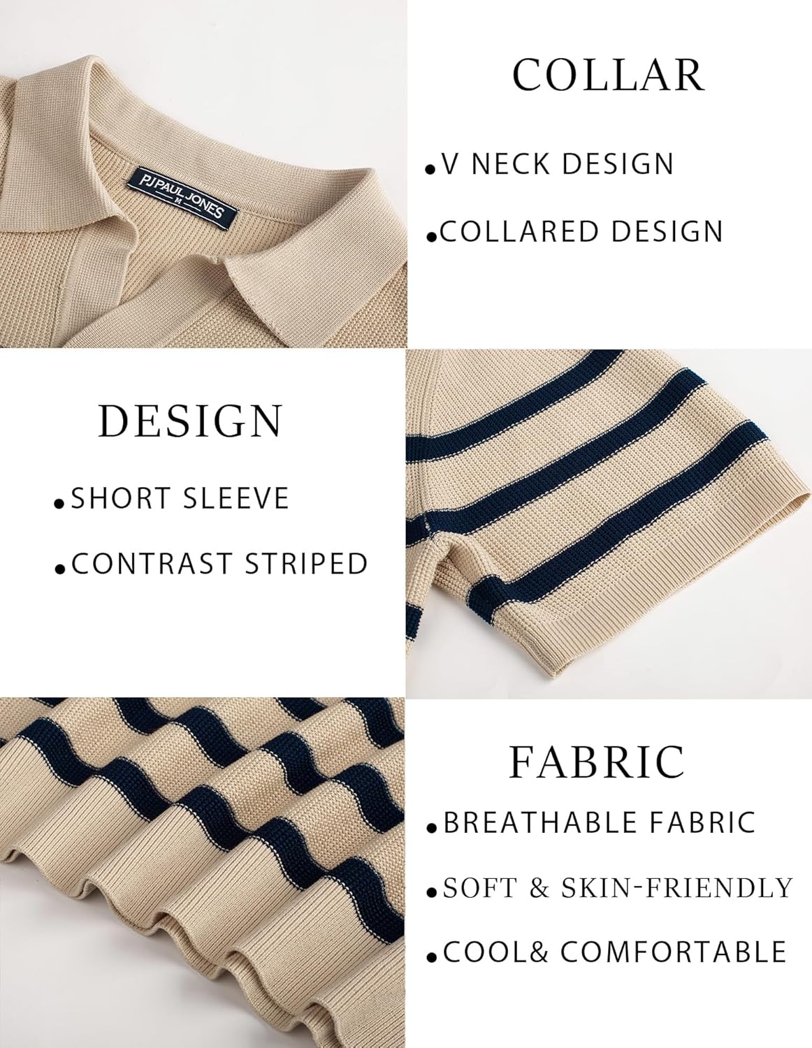 PJ PAUL JONES Men's Polo Shirts Short Sleeve V-Neck Ribbed Polo Shirt Casual Breathable Knit Polo - Image 4