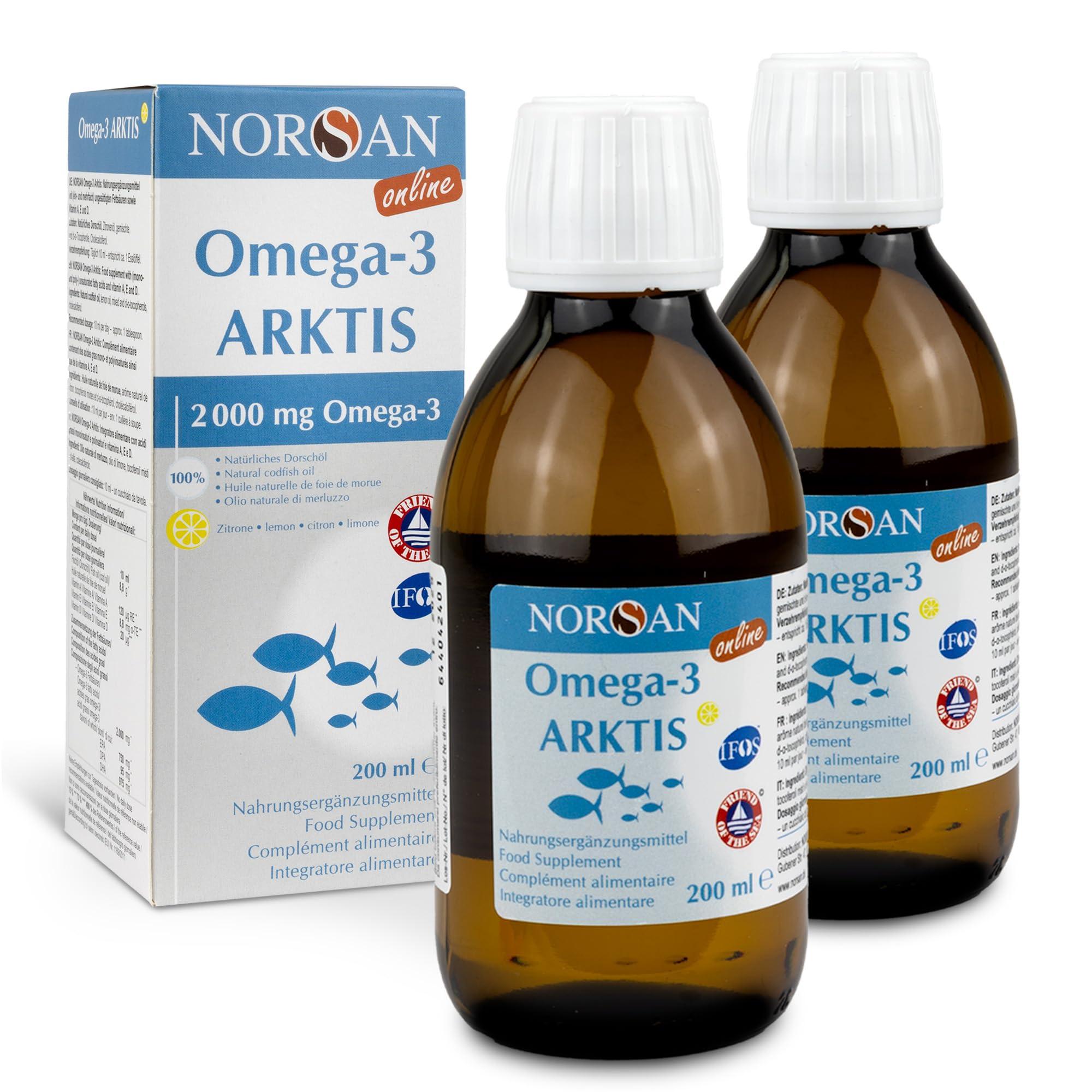 NORSAN Premium Omega-3 Arktis Dorschöl hochdosiert 2x 200 ml - 2.000 mg Omega-3 pro Portion mit Zitronengeschmack - Fischöl mit EPA & DHA - Premium Öl 800 IE Vitamin D3