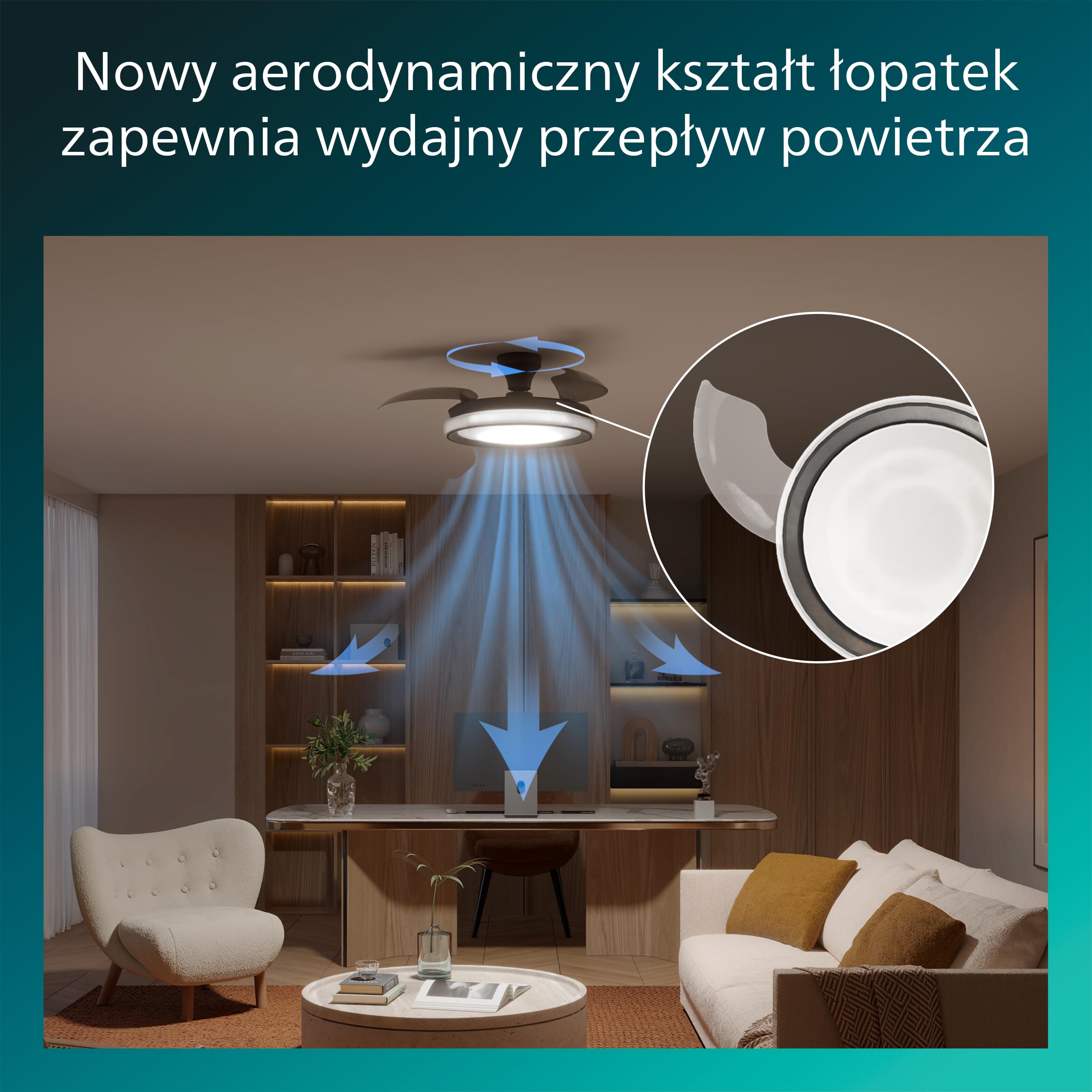 Chowany Wentylator Sufitowy Philips Bliss z Oświetleniem LED, 3 Łopatki, 106 cm, 4500 Lumenów, Regulowana Barwa 3000–6500 K, Przyciemnianie do 5%, Pilot, Czarny