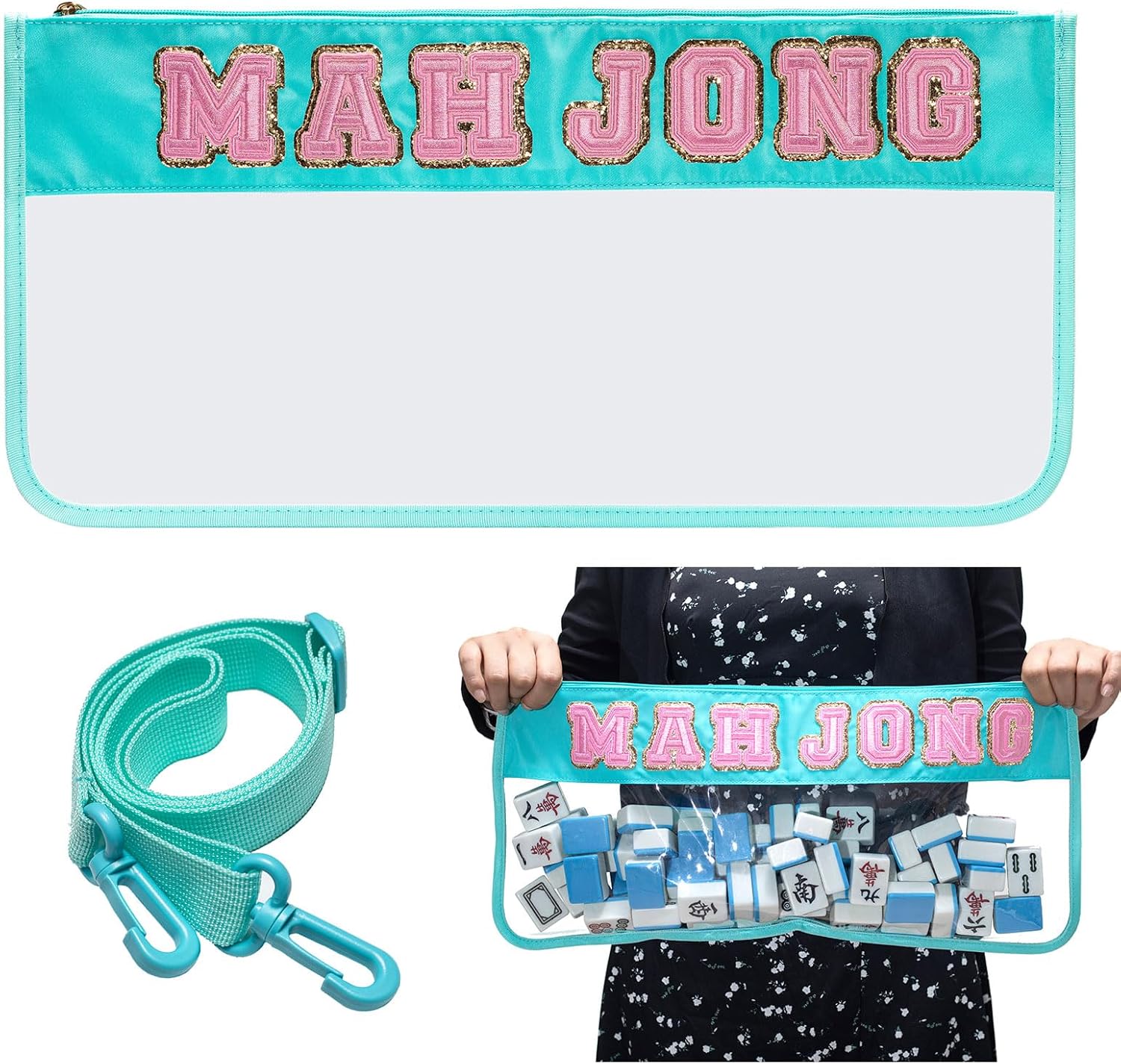 Mahjong Bag -Clear Waterproof Mahjong Tiles Bag with Shoulder Strap Zippered & Letters, Case Only (Pink)