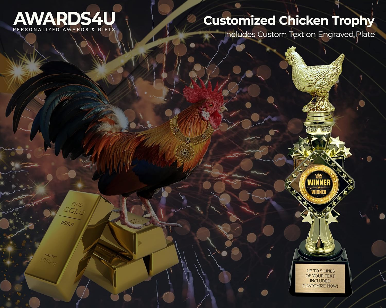 13” Chicken Trophy - Winner Winner Chicken Dinner Award - 1st Place Trophy - Funny Trophy for Adults - Office or Fantasy Football Awards - Engraved Plate - Custom Chicken Wing Trophies
