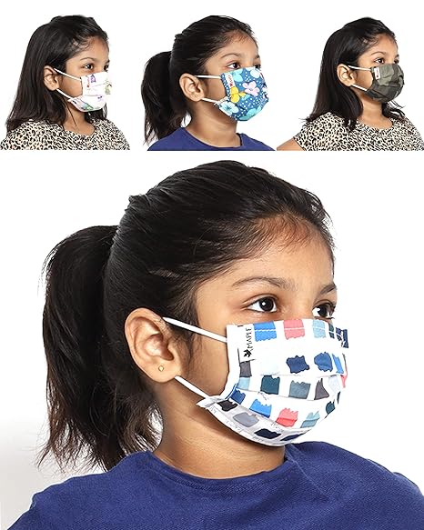 MAPLE DuoSafe Kids Very Fine Cotton Face Mask(Medium 7-12 Years, Mixed Designs and Colors) Pack of 4