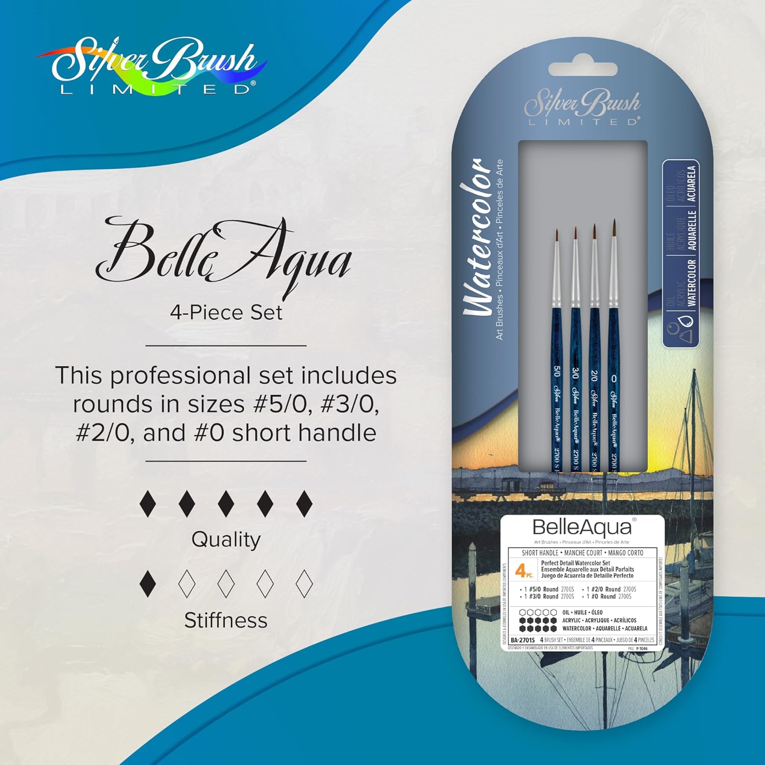 Silver Brush Limited BA-2701S BelleAqua Perfect Detail Watercolor Brush Set, 4pc Professional Premium Soft Synthetic Red Sable Round Paint Brush Set, Size 5/0, 3/0, 2/0, and 0 Round Artist Brushes