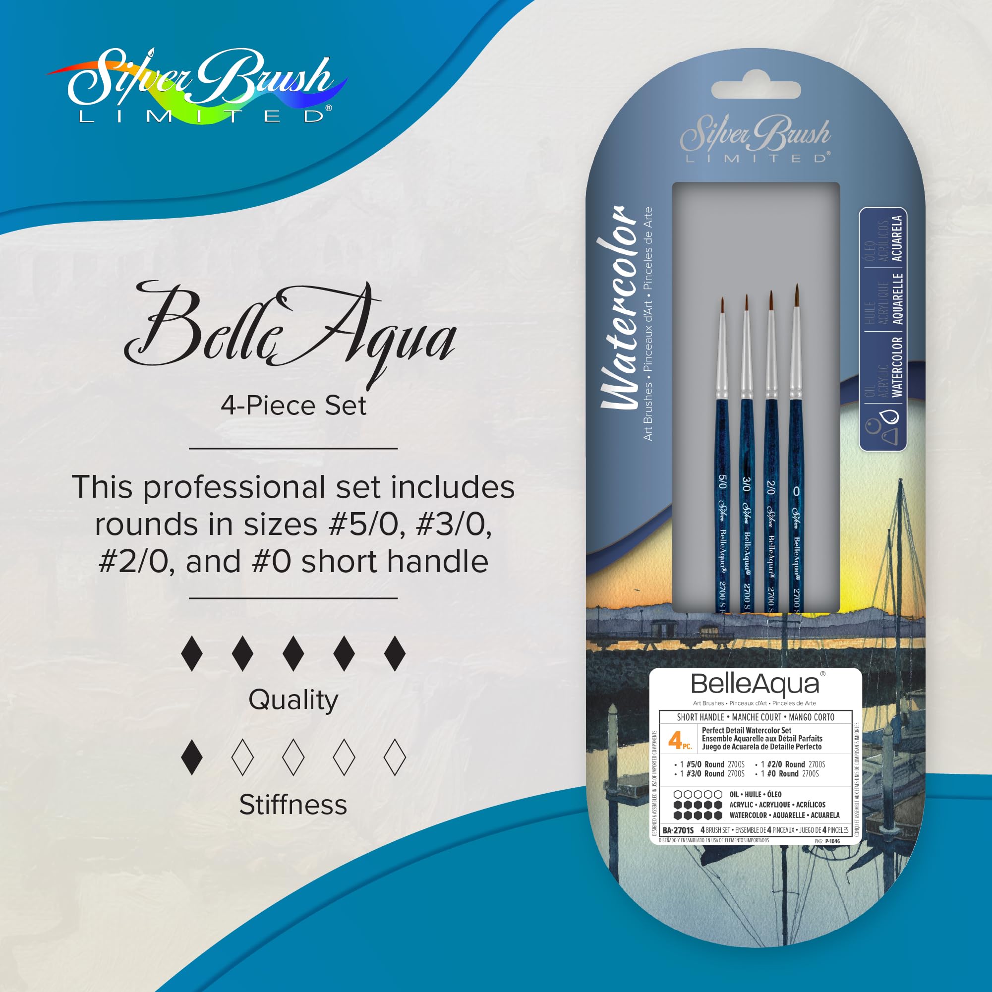 Silver Brush Limited BA-2701S BelleAqua - Juego de 4 pinceles de acuarela para detalles perfectos, profesionales, suaves, sintéticos, rojos, tamaño 5/0, 3/0, 2/0 y 0 pinceles redondos para artista