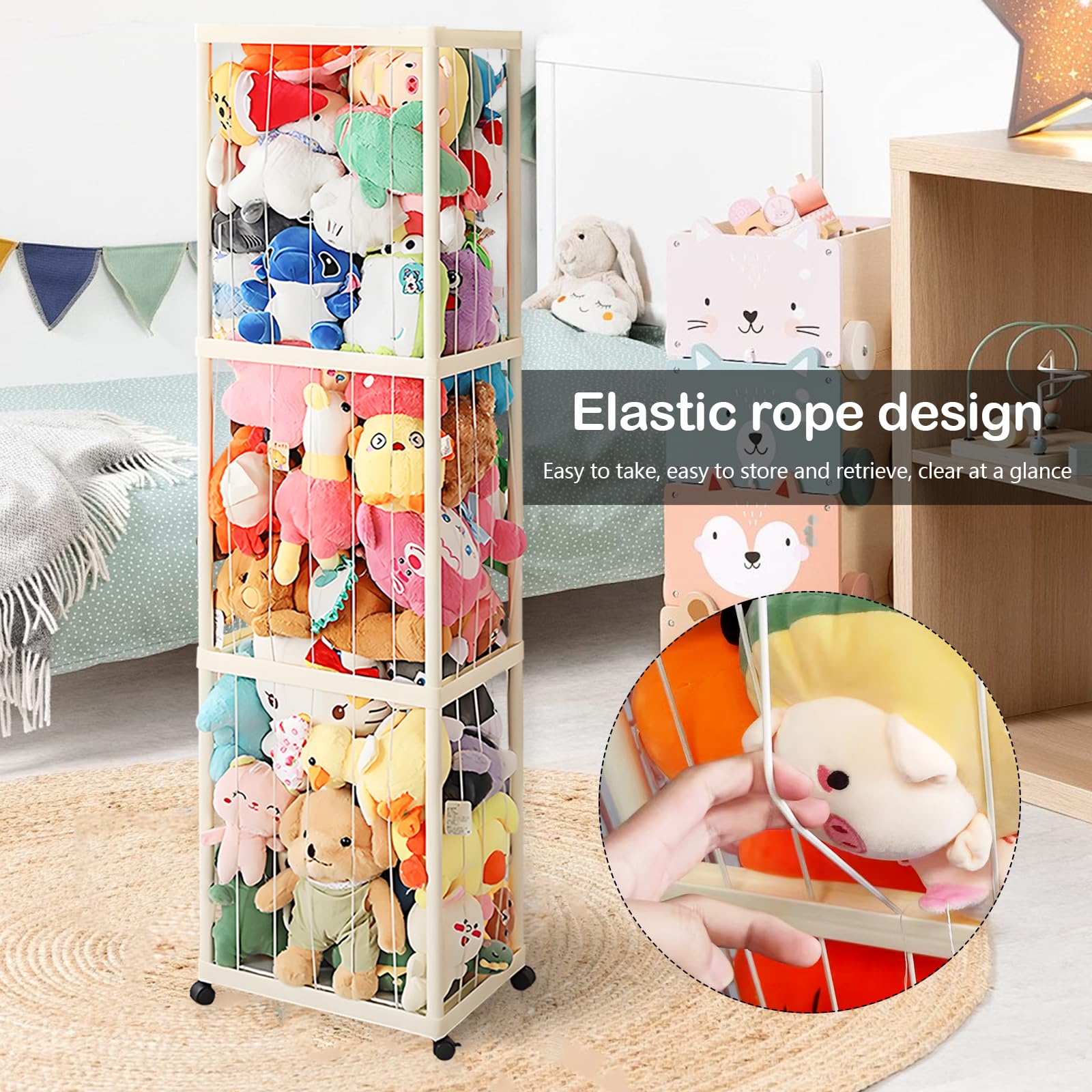 Kuscheltier Aufbewahrung, Stofftier Aufbewahrung mit Elastisches Band und 360°Bremse-Ausgestattete Räder Plüschtier Lagerung Kuscheltierzoo für Kinderzimmer Spielzimmer Schlafzimmer Organizer