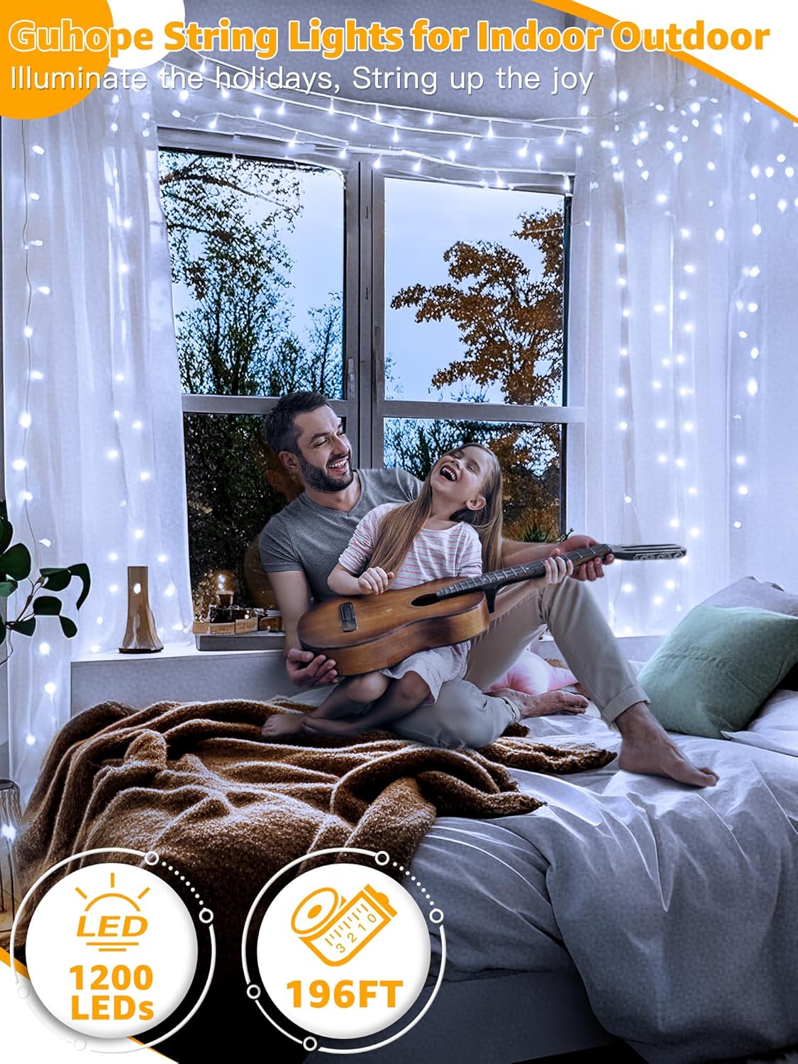 Guhope String Lights 1200LED 196FT, Waterproof Outdoor String Lights with Remote and Timer, 8 Modes Dimmable Fairy Lights for Indoor Outdoor Wedding Party Holiday Decorations (Cool White)