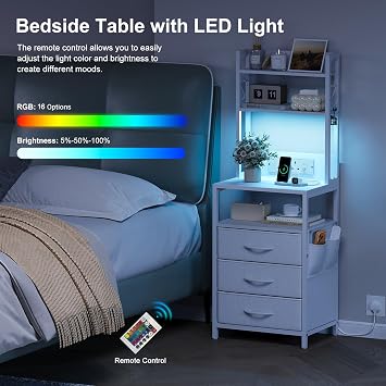 Dripex LED Bedside Table with Charging Station, 3 Fabric Drawers, White